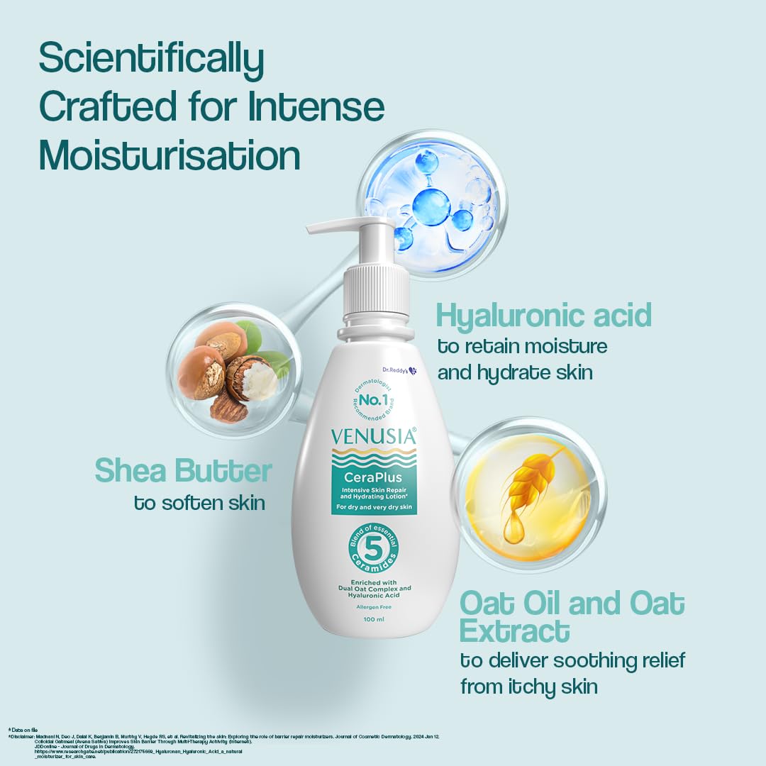 Venusia Ceraplus Moisturizing Lotion for Dry Skin - 5 Essential Ceramides & Hyaluronic Acid for Deep Hydration & Skin Barrier Repair | Fragrance-Free Body Lotion with Oat Oil & Extract | 100ml | Perfect for Daily Use, Eczema & Sensitive Skin Care