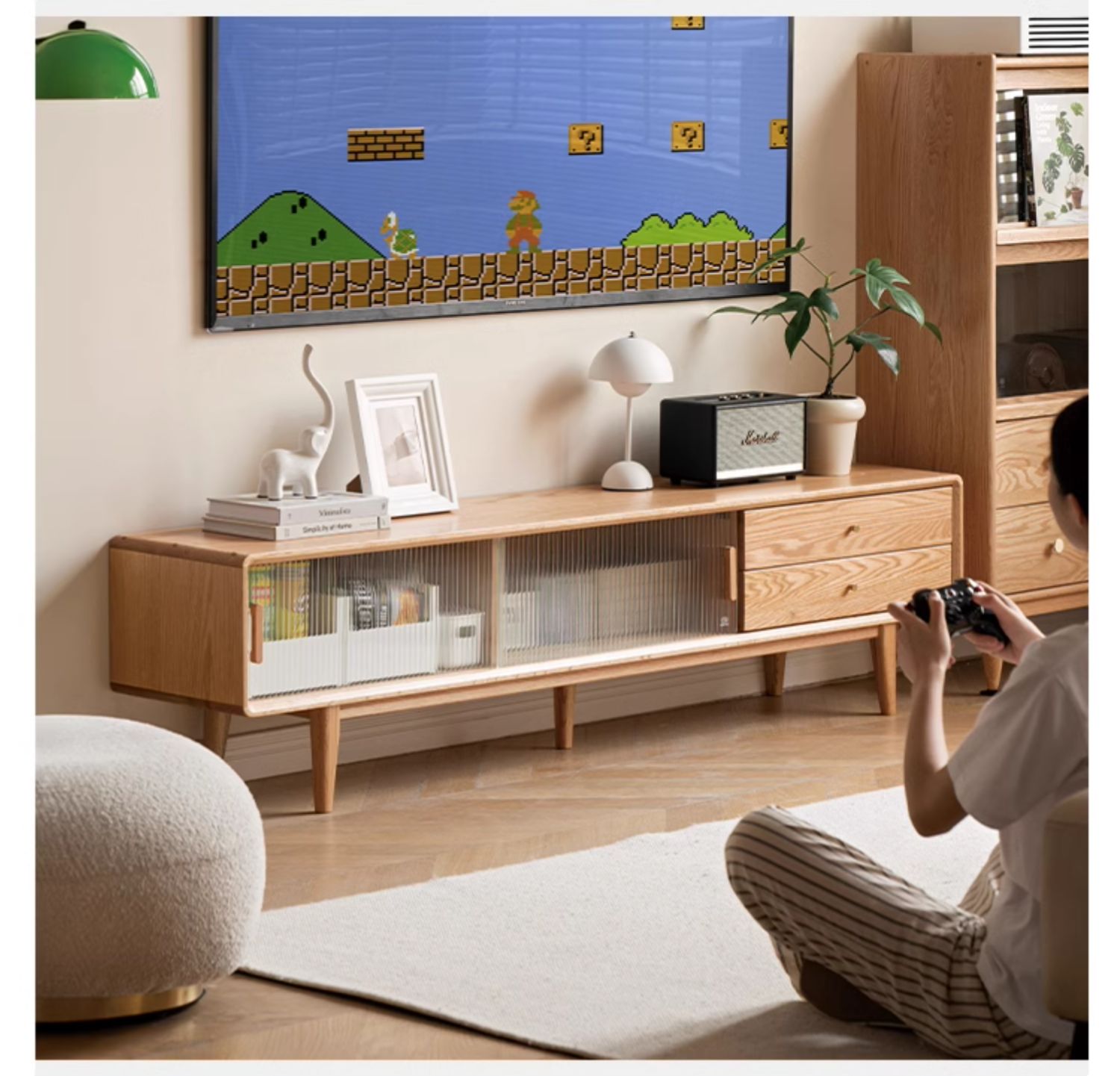 Solid Oak & Beech Wood TV Stand - Modern Entertainment Center for Living Room, Bedroom - Durable & Stylish TV Console with Storage Shelves