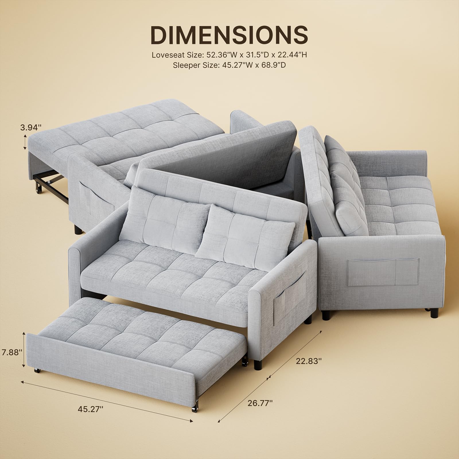 Gizoon 3-in-1 Convertible Sofa Bed - Full Size Pull Out Sleeper Sofa with Reclining Backrest & Side Pockets, Linen Fabric Futon Couch for Small Space Living Room, Apartment, Guest Room (Light Grey) | Modern Multi-Functional Furniture for Home & Office Use