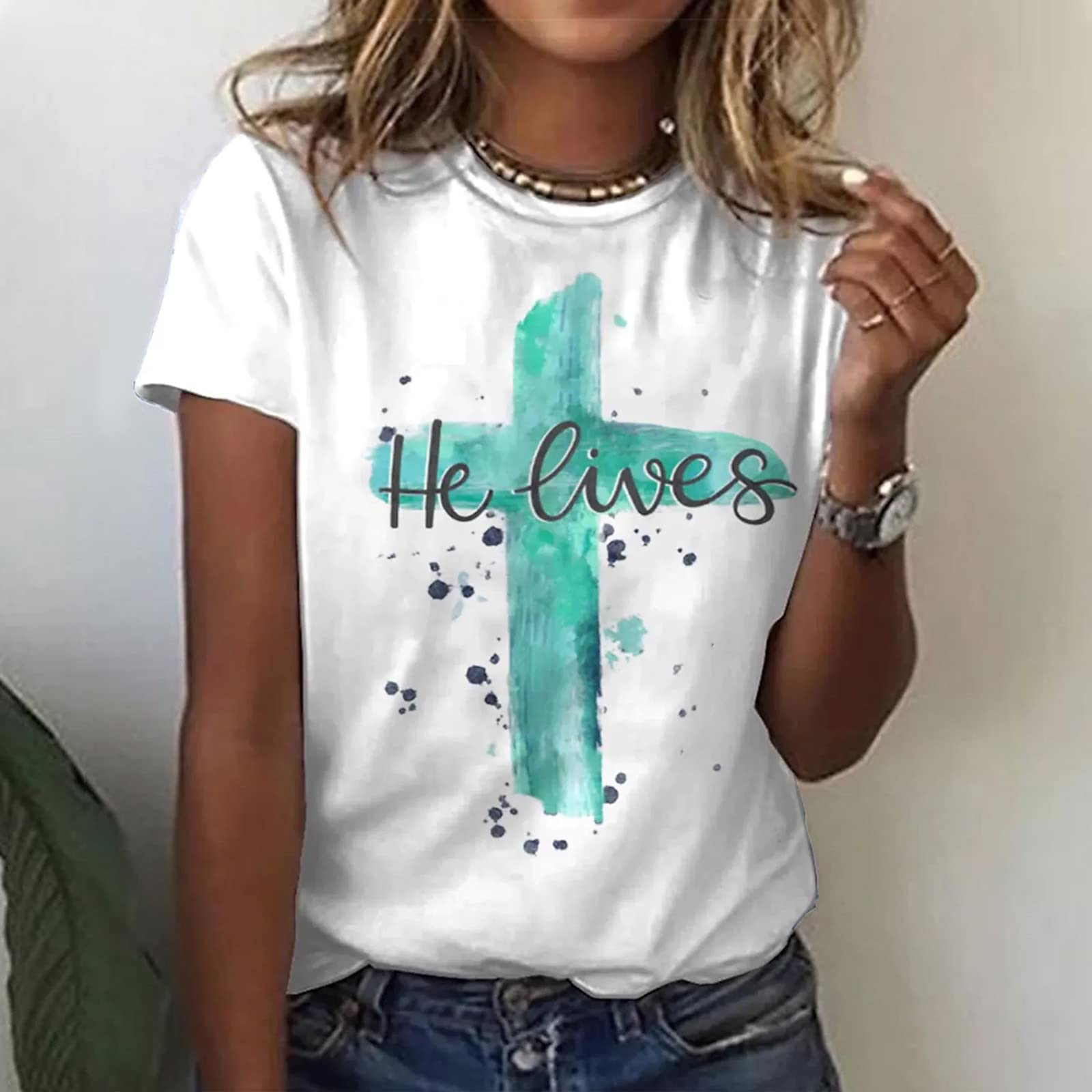 Women's Summer V-Neck Short Sleeve T-Shirt - Cute Printed Casual Blouse & Loose Fit Graphic Tee for Everyday Wear, Beach Outings & Weekend Outfits