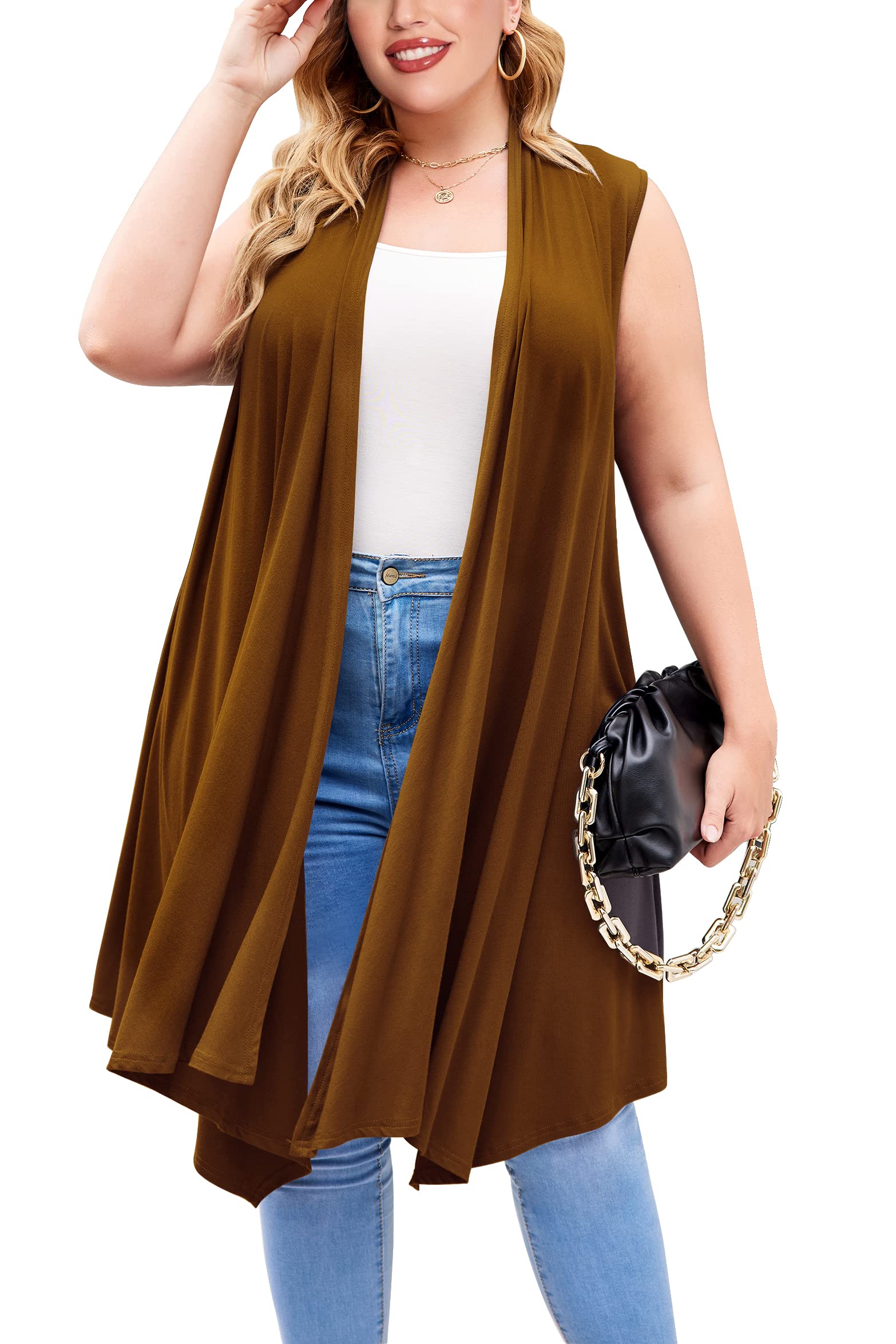 IN'VOLAND Women's Plus Size Sleeveless Long Duster Cardigan Vest - Open Front Asymmetrical Hem Lightweight Cover Up for Summer, Beach, Office & Casual Outfits