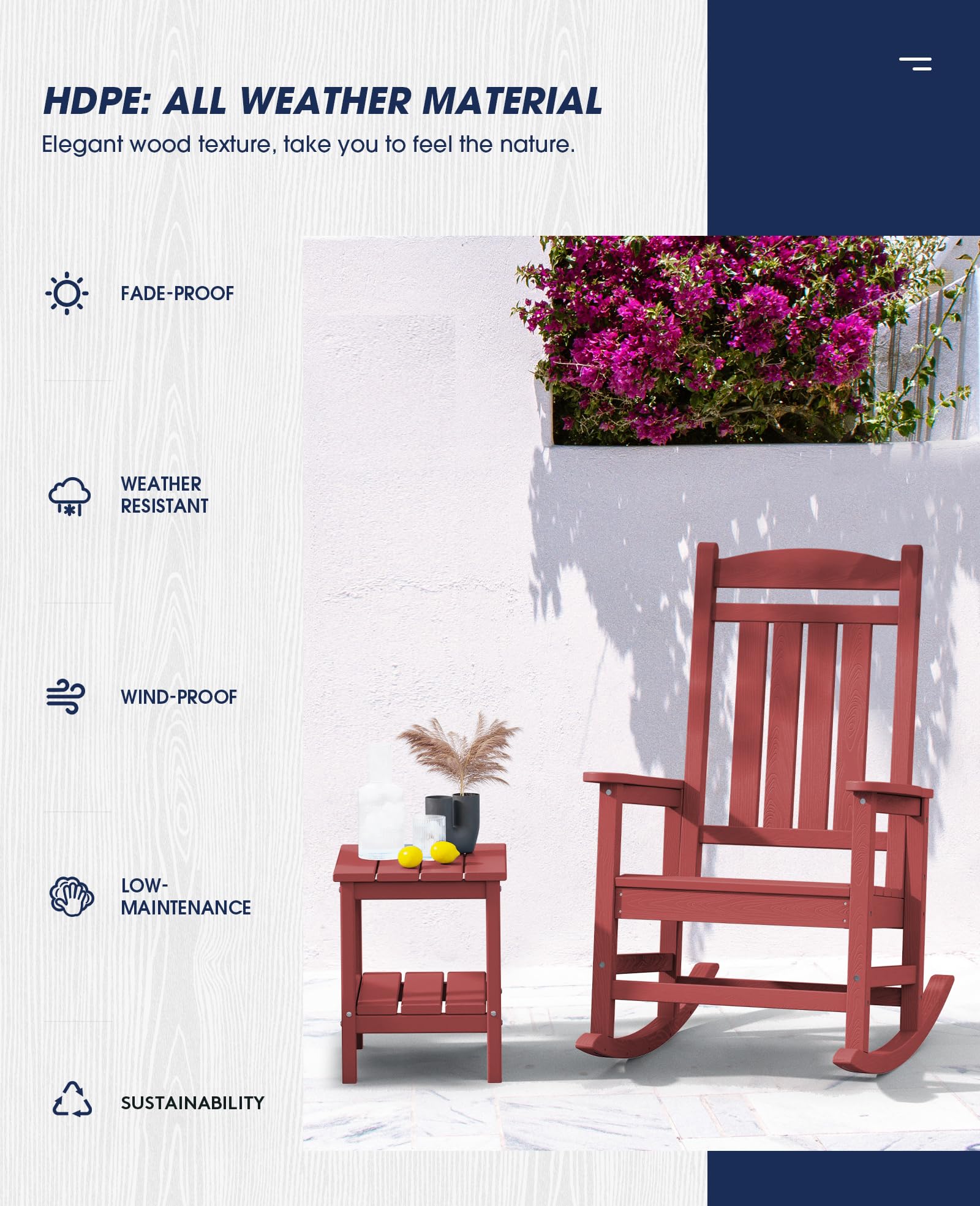 KINGYES Weather-Resistant Outdoor Rocking Chair - High Back Patio Rocker for Adults, Dark Red - Perfect for Porch, Garden & Backyard Relaxation