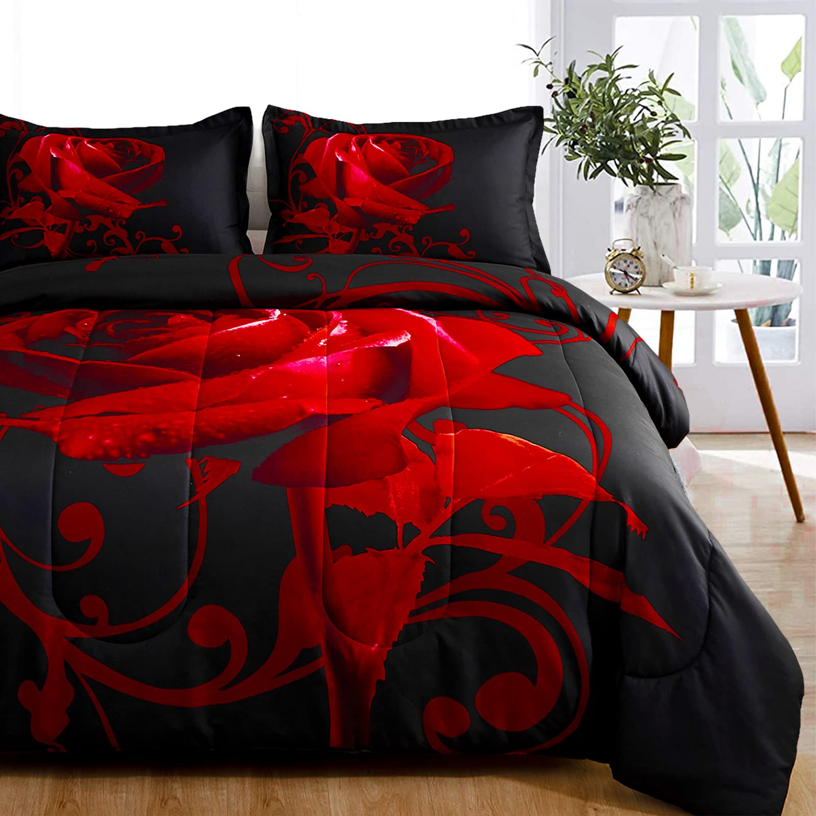Red Comforter Set Full Size 80x90 Inches - Reversible Red Rose Pattern Printed Bedding, All Seasons Down Alternative Comforter with 2 Pillowcases | Soft Microfiber Lightweight Bedding Set for Cozy Bedroom Decor | Perfect for Guest Rooms, Dorms & Master Bedrooms