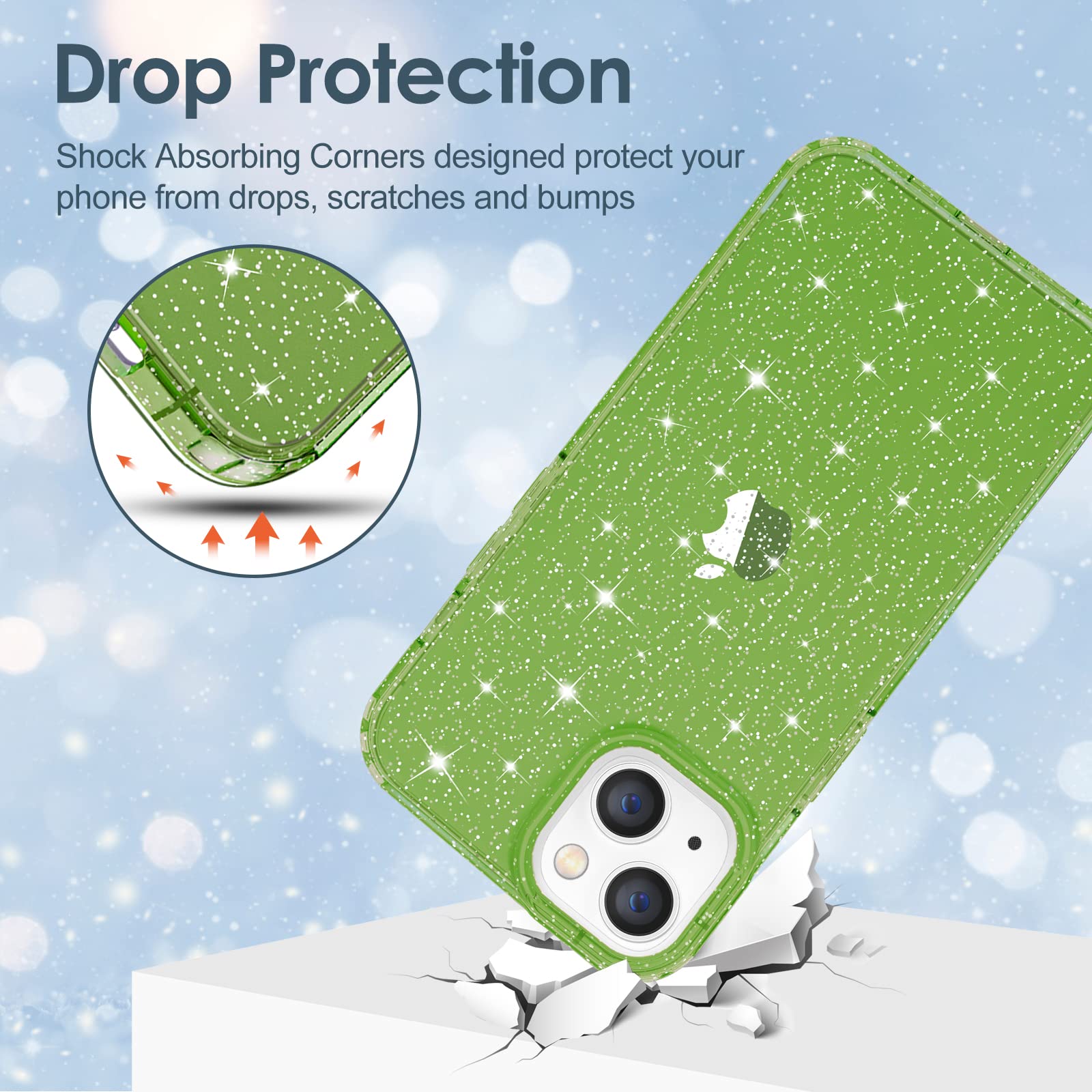 Hython Glitter Case for iPhone 14 Plus - Sparkly Clear TPU Protective Phone Cover with Anti-Scratch & Shockproof Design | Slim Fit Cute Bling Case for Women (Pine Green Glitter) | Perfect for Everyday Use, Parties, and Gift Giving