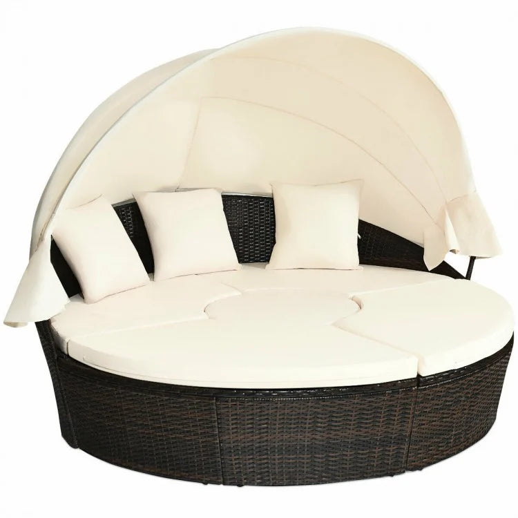 Outdoor Rattan Patio Daybed with Canopy - Round Wicker Furniture Set for Garden, Poolside, or Backyard Relaxation