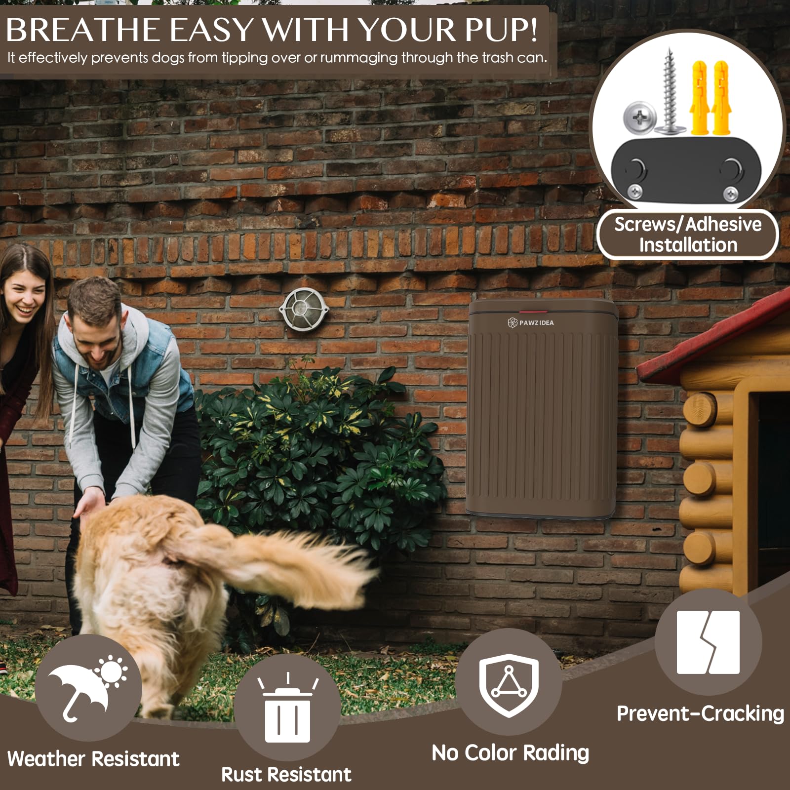 PAWZIDEA 2.1 Gallon Wall Mount Dog Waste Bin with Lid - Odor Control Activated Carbon, Waterproof Metal Pet Poop Disposal Can for Outdoor Fence - Perfect for Backyard, Garden & Dog Park Cleanup