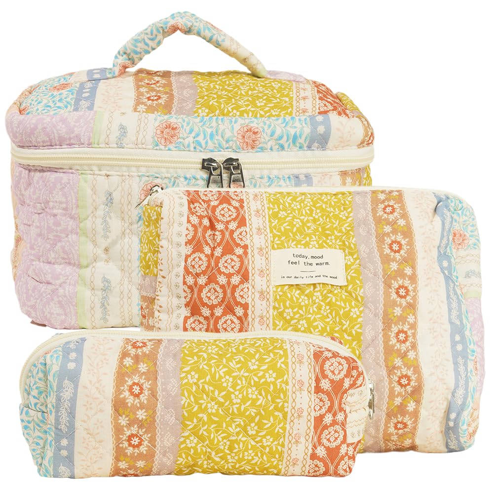 Quilted Makeup Bag Set - 3 Pcs Floral Cotton Cosmetic Organizer for Travel, Cute Aesthetic Toiletry Pouch | Perfect for Vacation, Gym, Beach & Daily Essentials Storage (Patchwork Design)