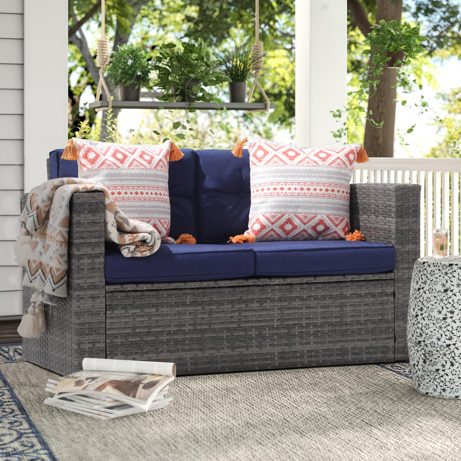 Premium Outdoor Wicker Loveseat Sofa Set - 2-Seater Rattan Patio Furniture with Weather-Resistant Cushions - Navy Blue - Perfect for Balcony, Porch, Deck, Garden & Backyard Relaxation