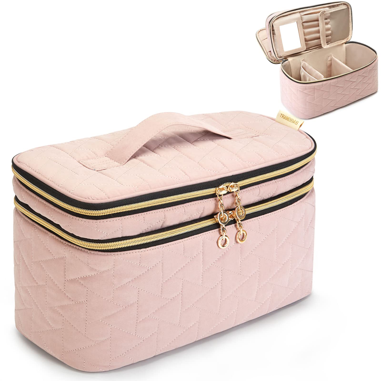 BAGSMART Large Double-Layer Makeup Bag Organizer with Acrylic Mirror - Travel Cosmetic Case for Women, Perfect for Cosmetics, Makeup Brushes & Toiletries (Pink) | Ideal for Travel, Home Storage & Daily Makeup Organization