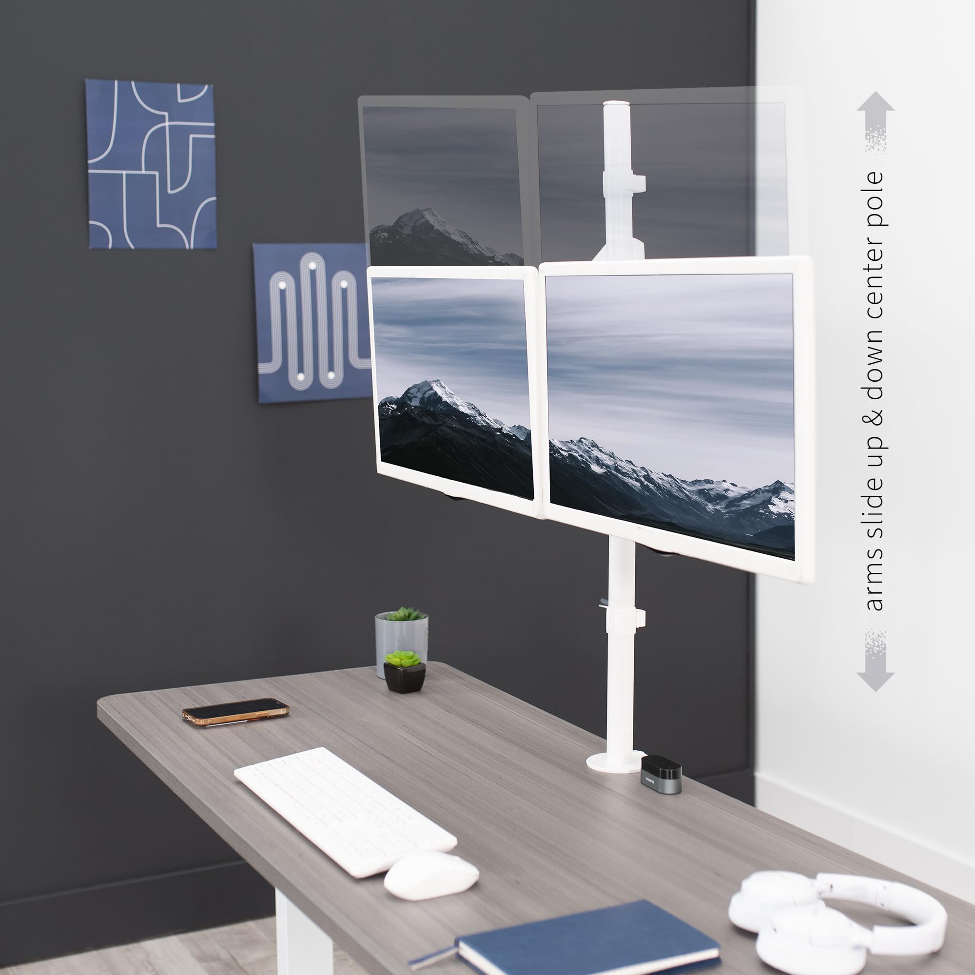 VIVO Dual Monitor Arm Stand for 32 inch Screens - Extra Tall Pneumatic Height Adjustable Heavy Duty VESA Mount with Full Motion Articulation, C-Clamp & Grommet Base (White, STAND-V012KW) - Perfect for Home Office, Gaming Setup & Workspace Ergonomics