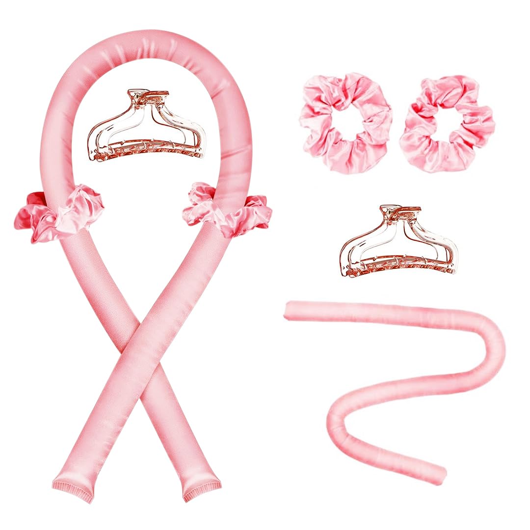 Heatless Curling Rod Headband for Overnight Curls - No Heat Silk Ribbon Hair Roller with Claw Clip - DIY Hair Styling Tool for Women & Girls (Pink) - Perfect for Sleep, Travel & Damage-Free Curls