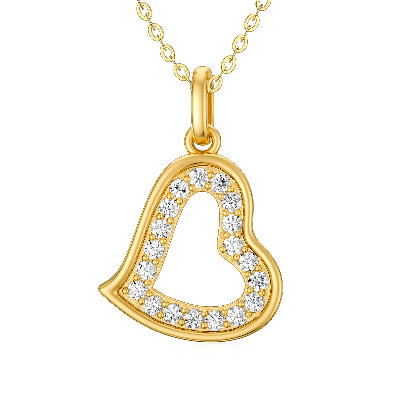 14K Solid Gold Natural Diamonds Heart Necklace for Women - Double Love Heart Pendant Jewelry Gift for Her, Wife, Mom, Girlfriend (16