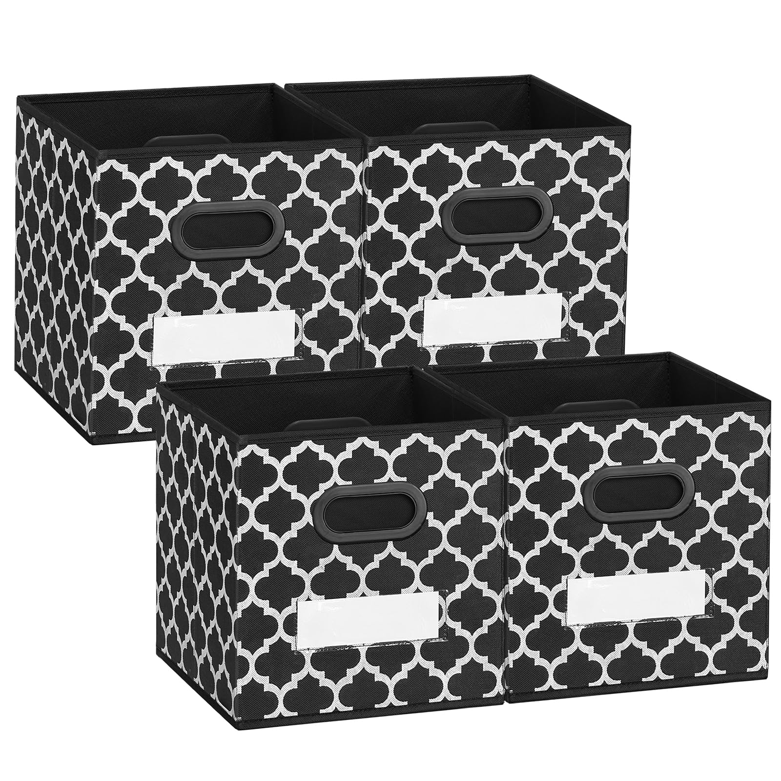 Homyfort 13x13 Inch Cube Storage Organizer Bins - Set of 4 Foldable Fabric Baskets with Labels & Plastic Handles for Shelves, Cabinets, Nursery, Closet Organization - Perfect for Toys, Clothes, Books & Home Decor (Black)