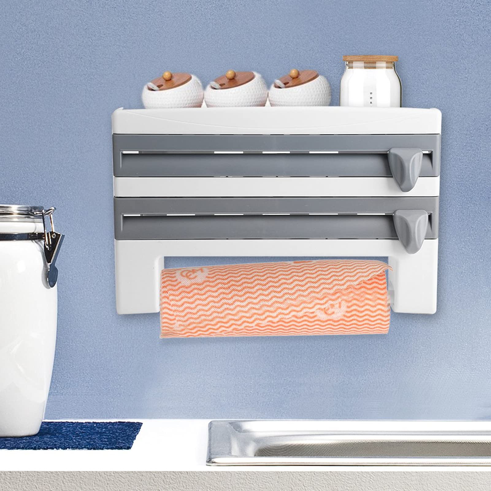 Multifunctional Kitchen Organizer - Sauce Bottle Storage Rack & Paper Towel Holder with Built-in Cling Film Cutter | Space Saving Gray Kitchen Tool for Countertop Organization & Cooking Prep