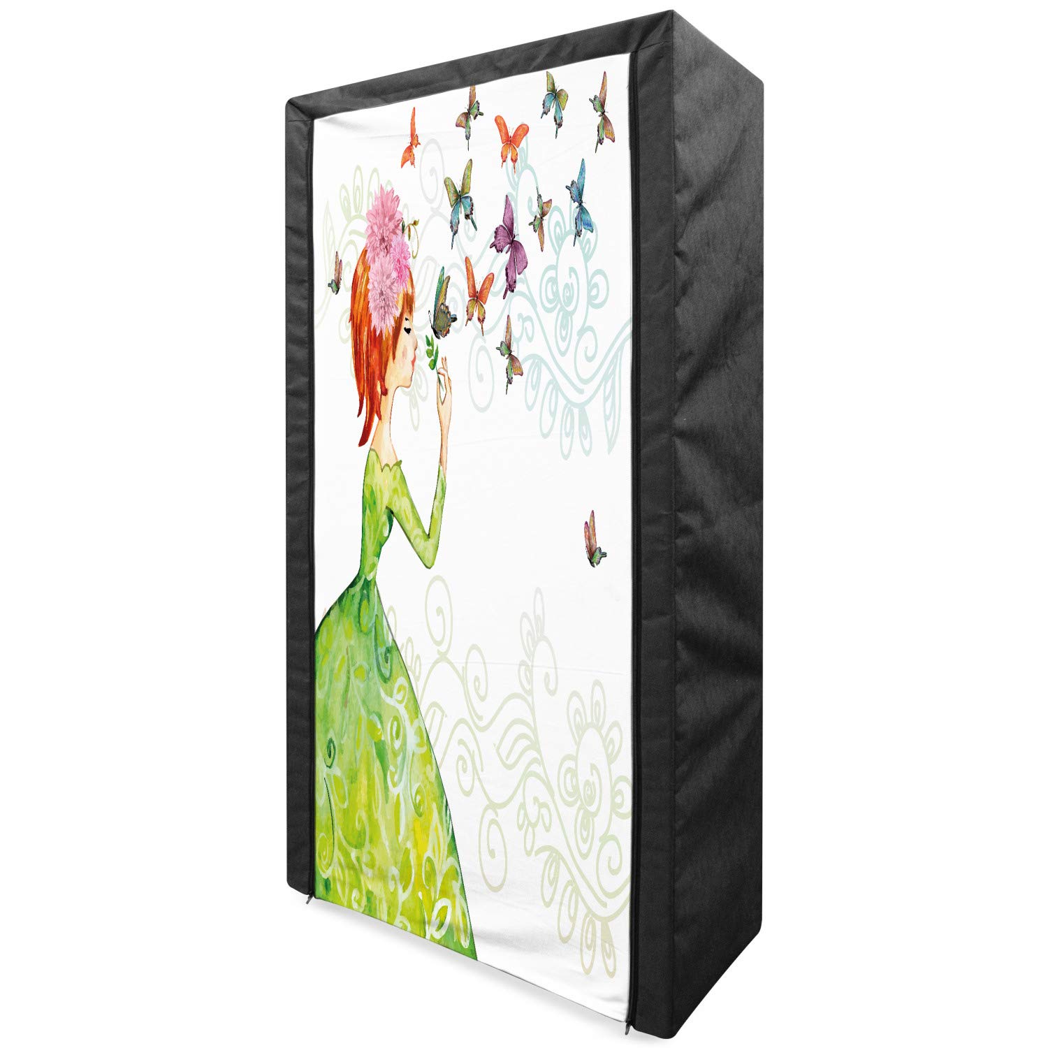 Ambesonne Butterfly Portable Fabric Wardrobe Closet with Shelves | Floral Lady in Green Dress Leaf Design | 33.5 Inch Clothing Organizer & Storage for Bedroom, Closet, Dorm | Pink Orange Green Pastel Colors