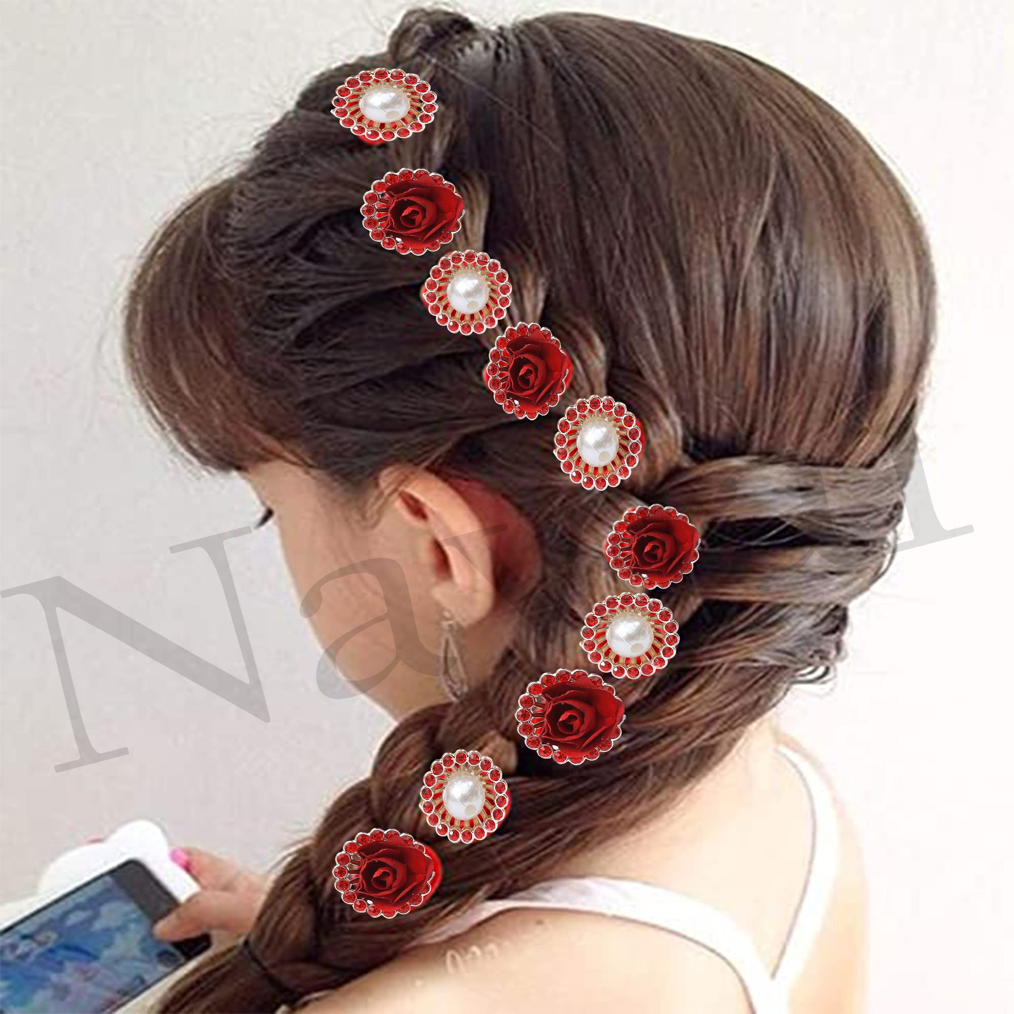Handmade Red Rose Floral Hairpin - Elegant Bridal Hair Accessory with Imitation Crystal Rhinestones & Pearls, U-Shaped Hair Fork for Weddings, Parties & Special Occasions (Pack of 12)