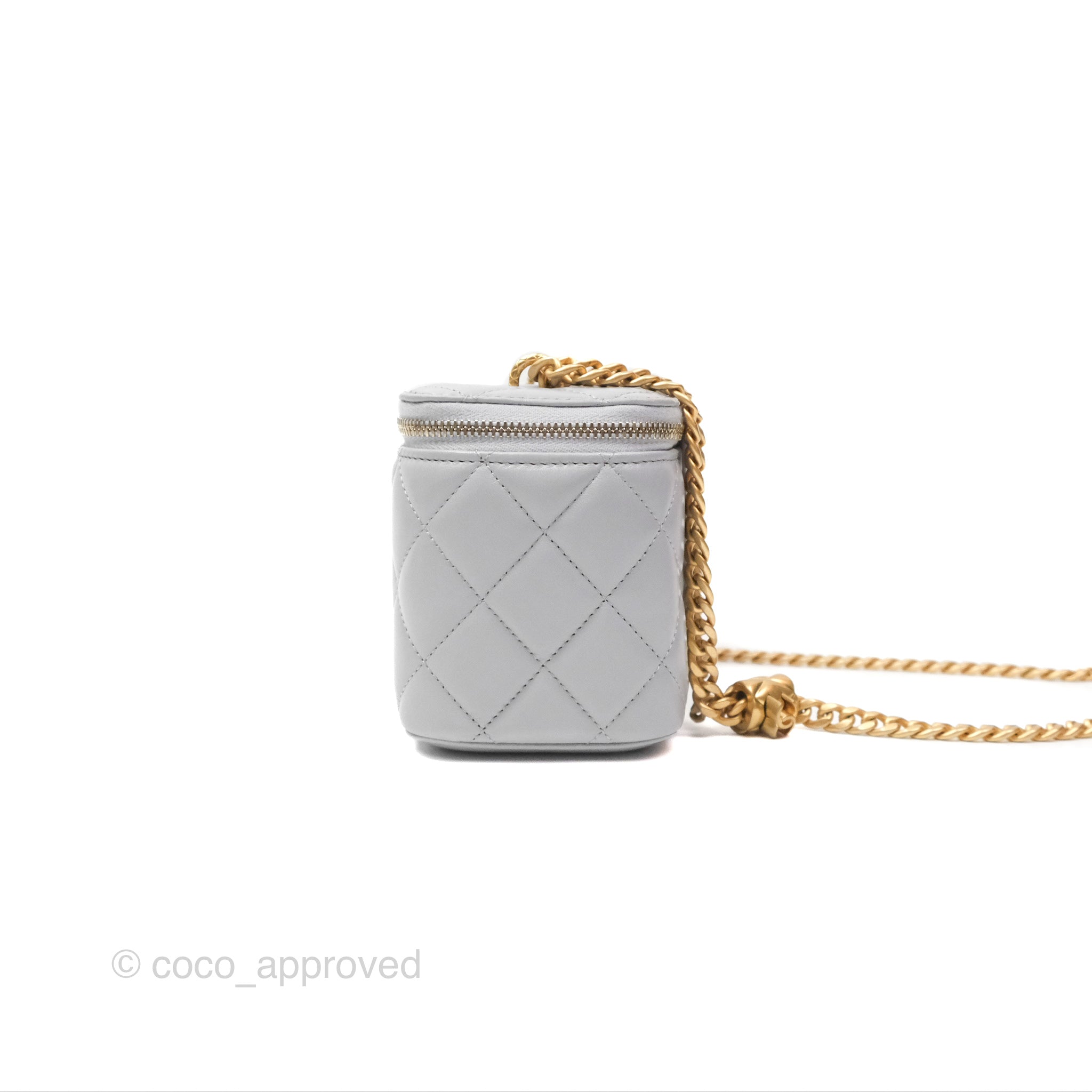 Chanel Adjustable Chain Grey Lambskin Vanity Bag with Aged Gold Hardware - Perfect for Evening Events & Luxury Fashion Accessories