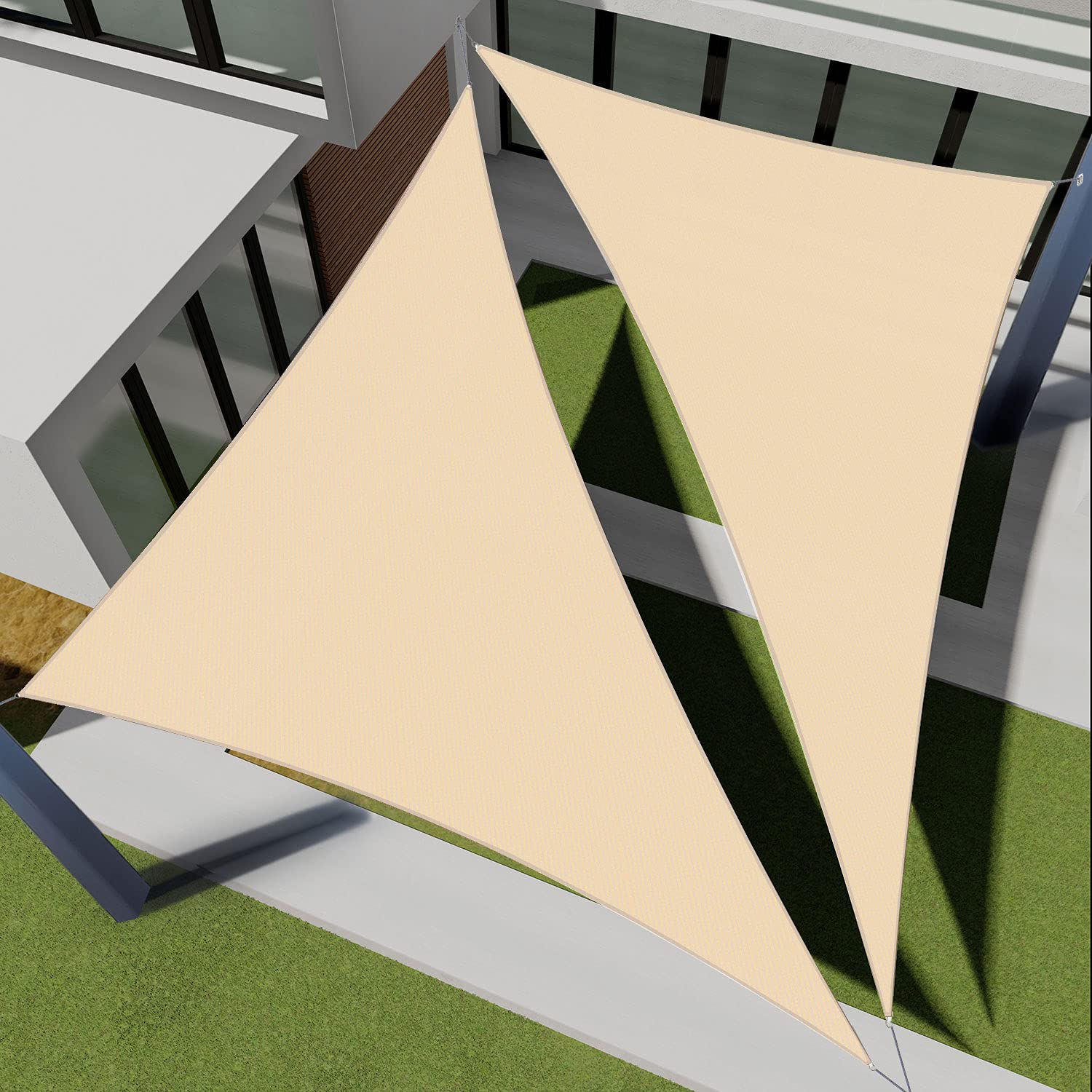 E&K Sunrise 17' x 27' x 32' Sand Equilateral Triangle Sun Shade Sail - 180 GSM UV Block Outdoor Canopy with Curve Edge for Patio, Garden, Pool & Backyard Shade Protection
