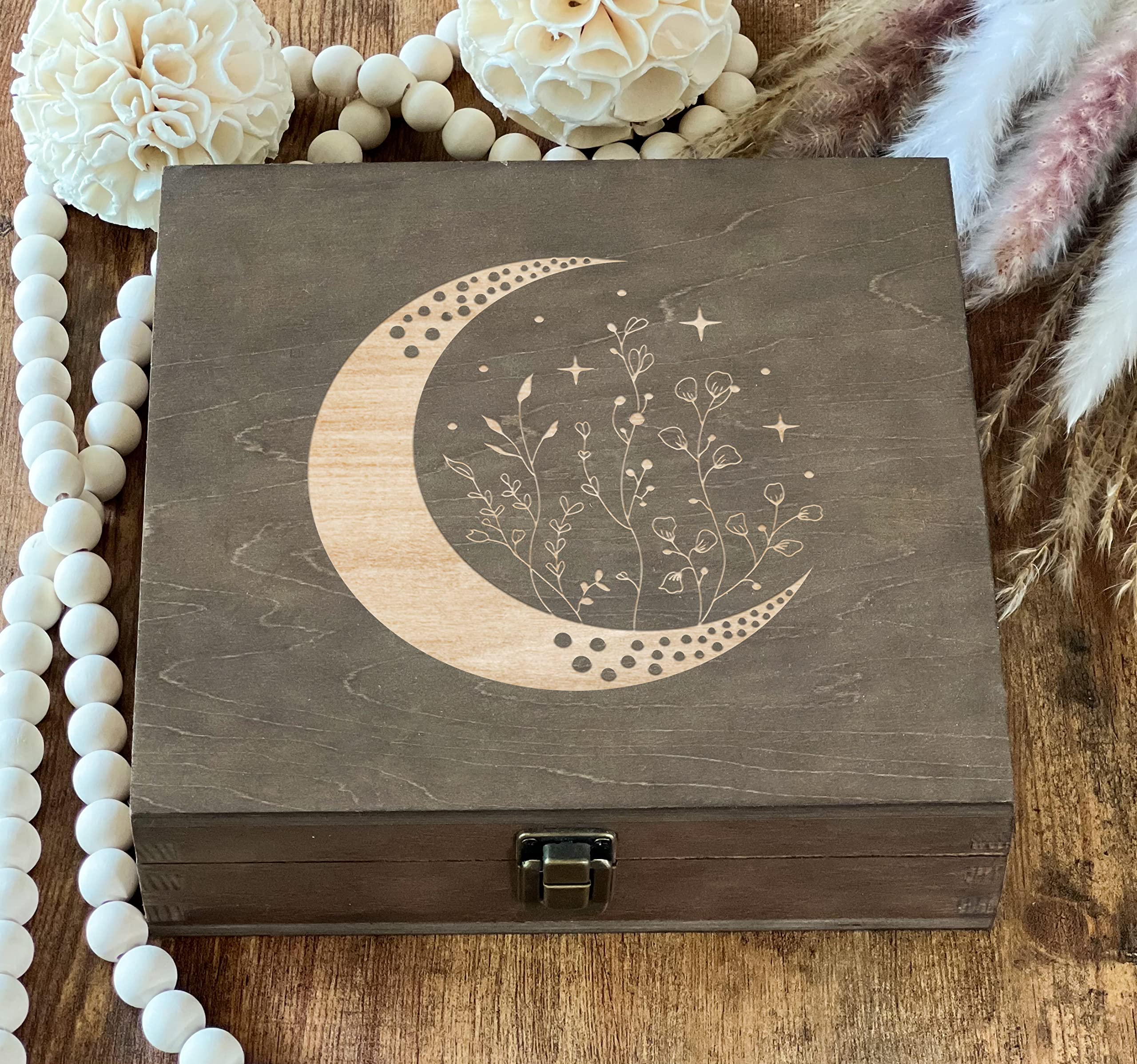 Moon and Sun Wooden Stash Box - 8.5 x 8 x 2.5 Inch Dark Walnut Tarot Card Storage, Crystal Gift Box Set for Astrology Lovers, Ouija Board & Mystical Decor - Perfect for Meditation, Witchcraft & Spiritual Rituals