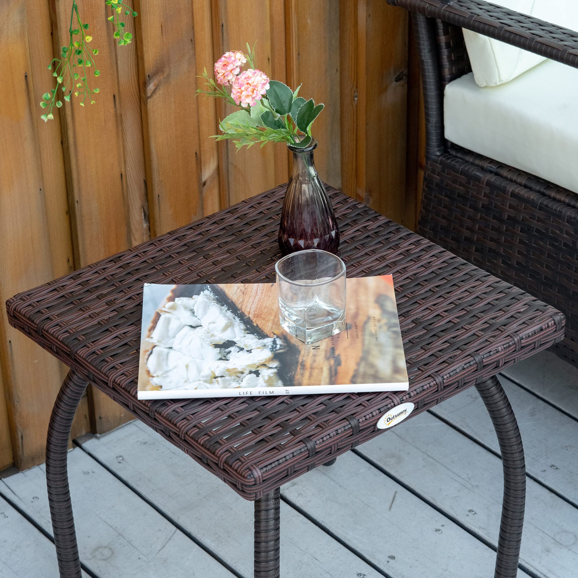 Outsunny Brown All-Weather PE Wicker Square Side Table - Outdoor Rattan Coffee End Table for Garden, Balcony, Backyard - Perfect for Poolside Relaxation & Patio Decor