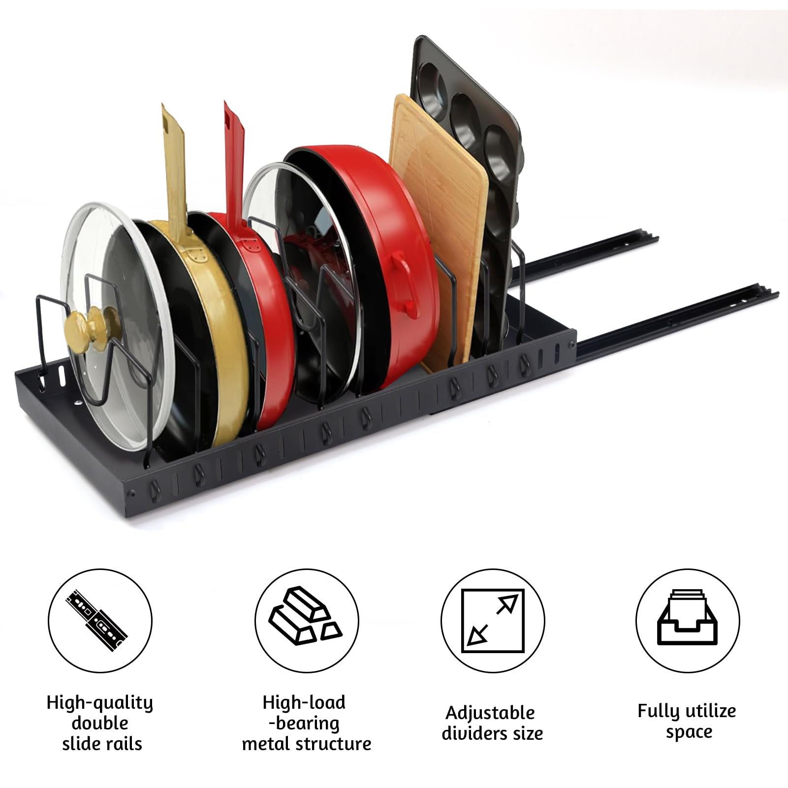 XIAPIA Pull Out Cabinet Organizer - 2 Pack Black Adjustable Kitchen Storage with 8 Dividers for Pots, Pans & Lids - Space Saving Under Cabinet Shelf Organizer for Easy Access & Clutter-Free Kitchen