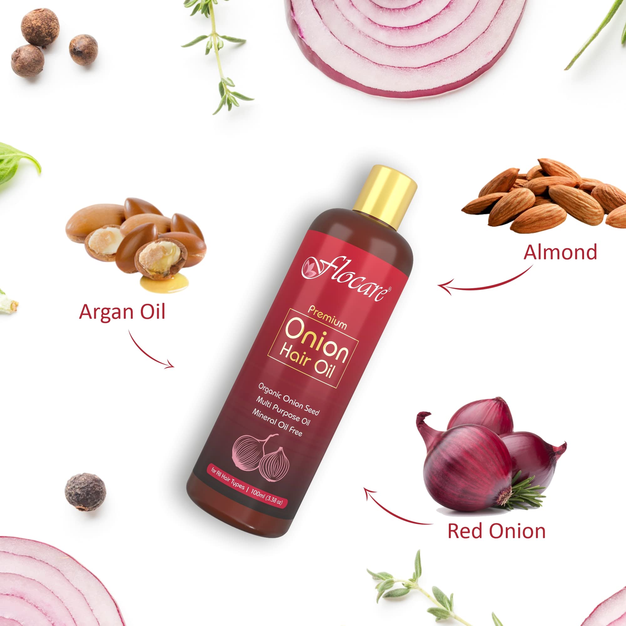Flocare Onion Hair Oil with Argan, Almond, Olive & Coconut Oils - Reduces Hair Fall, Promotes Strong & Healthy Hair - Mineral Oil Free for All Hair Types (100ml) - Perfect for Daily Hair Care & Scalp Nourishment