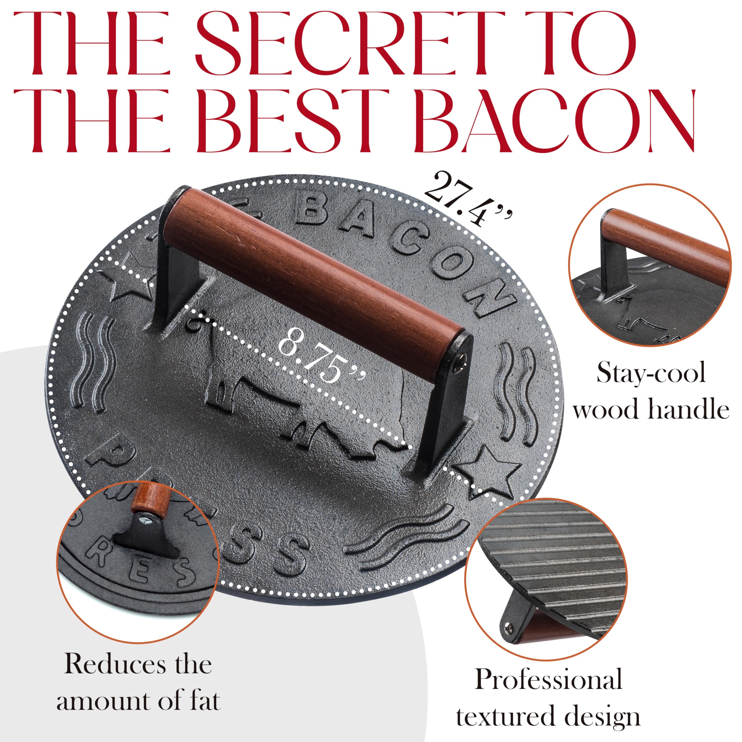 Bellemain 8.5-Inch Round Cast Iron Bacon Press - Heavy Duty Grill Weight for Perfectly Seared Bacon, Steak, Sandwiches & Paninis | Even Heat Distribution | Ideal for Griddle, BBQ, Camping & Home Cooking