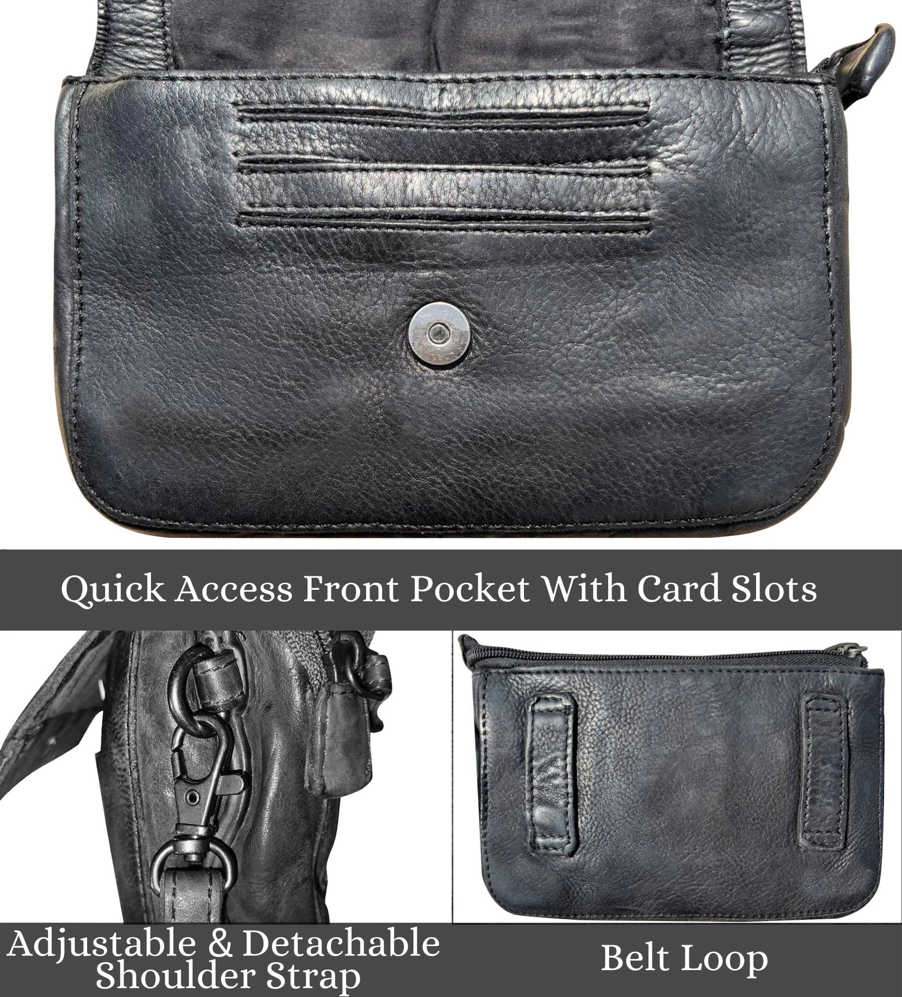 Women's Leather Wallet Travel Purse Waist Bag - Stylish Black Crossbody Fanny Pack for Travel, Hiking & Everyday Use