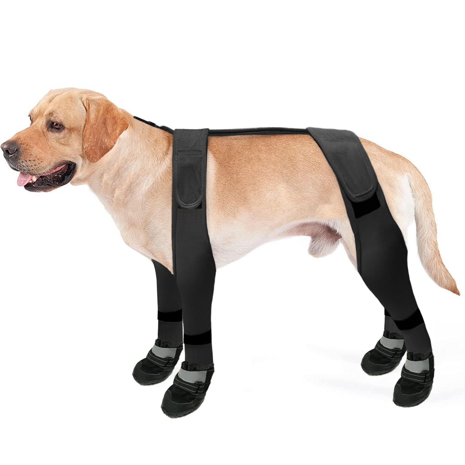 **Reflective Adjustable Dog Boots & Leggings for Large Dogs - Winter Snow Shoes with Non-Slip Soles, Waterproof Pants for Outdoor Walking in Snow & Cold Weather (Black, XL)**    *Perfect for snowy hikes, icy sidewalks, and winter adventures to protect your dog's paws from salt, ice, and freezing temperatures.*