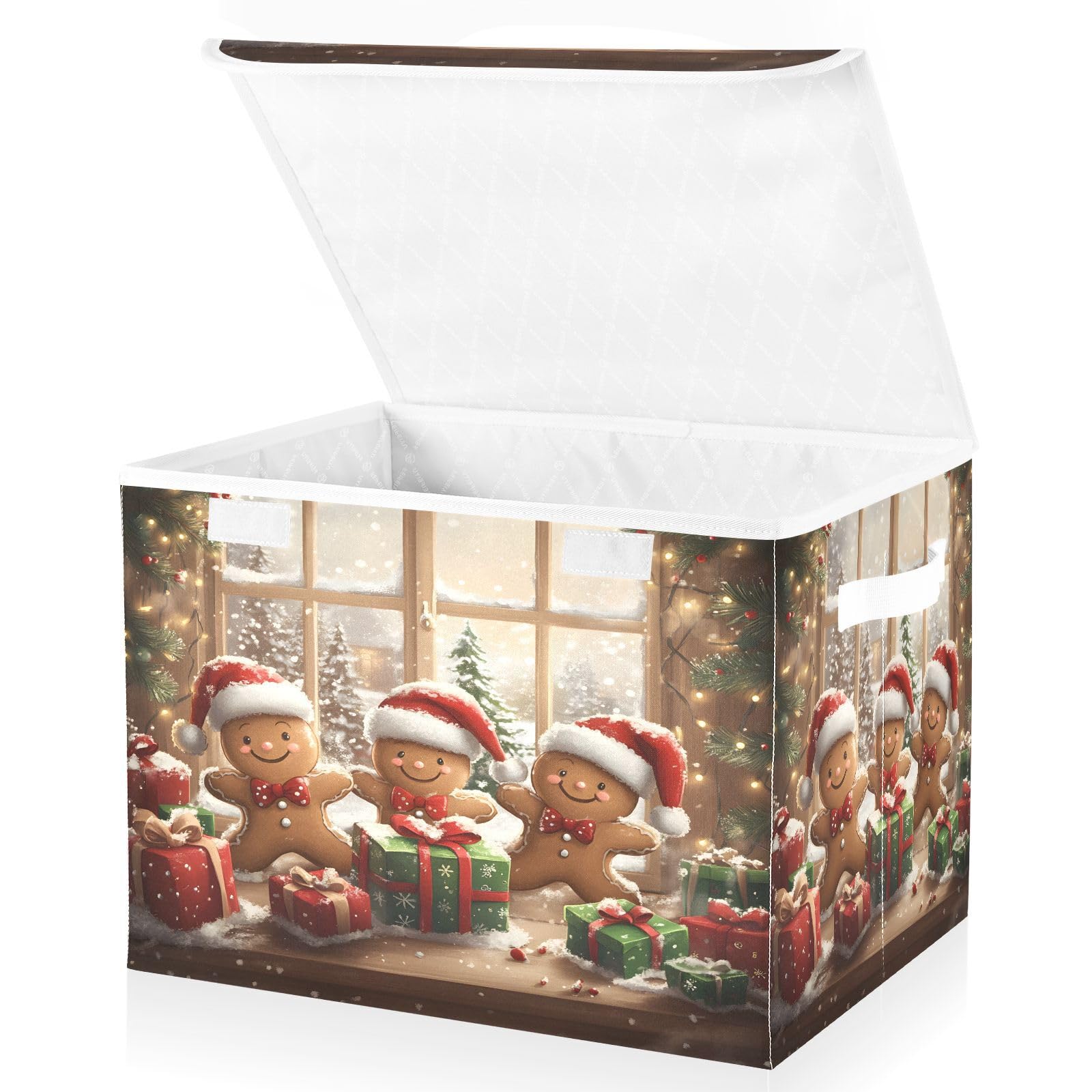 Christmas Gingerbread Man Fabric Storage Bins with Lids - Foldable Collapsible Organizer Baskets for Home, Bedroom, Closet & Office | Holiday Decor & Gift Wrapping Storage