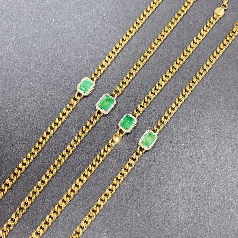 18K Yellow Gold Cuban Chain Bracelet for Women - Shiny Diamond & Natural Emerald Fashion Jewelry - Perfect for Parties, Weddings & Special Occasions