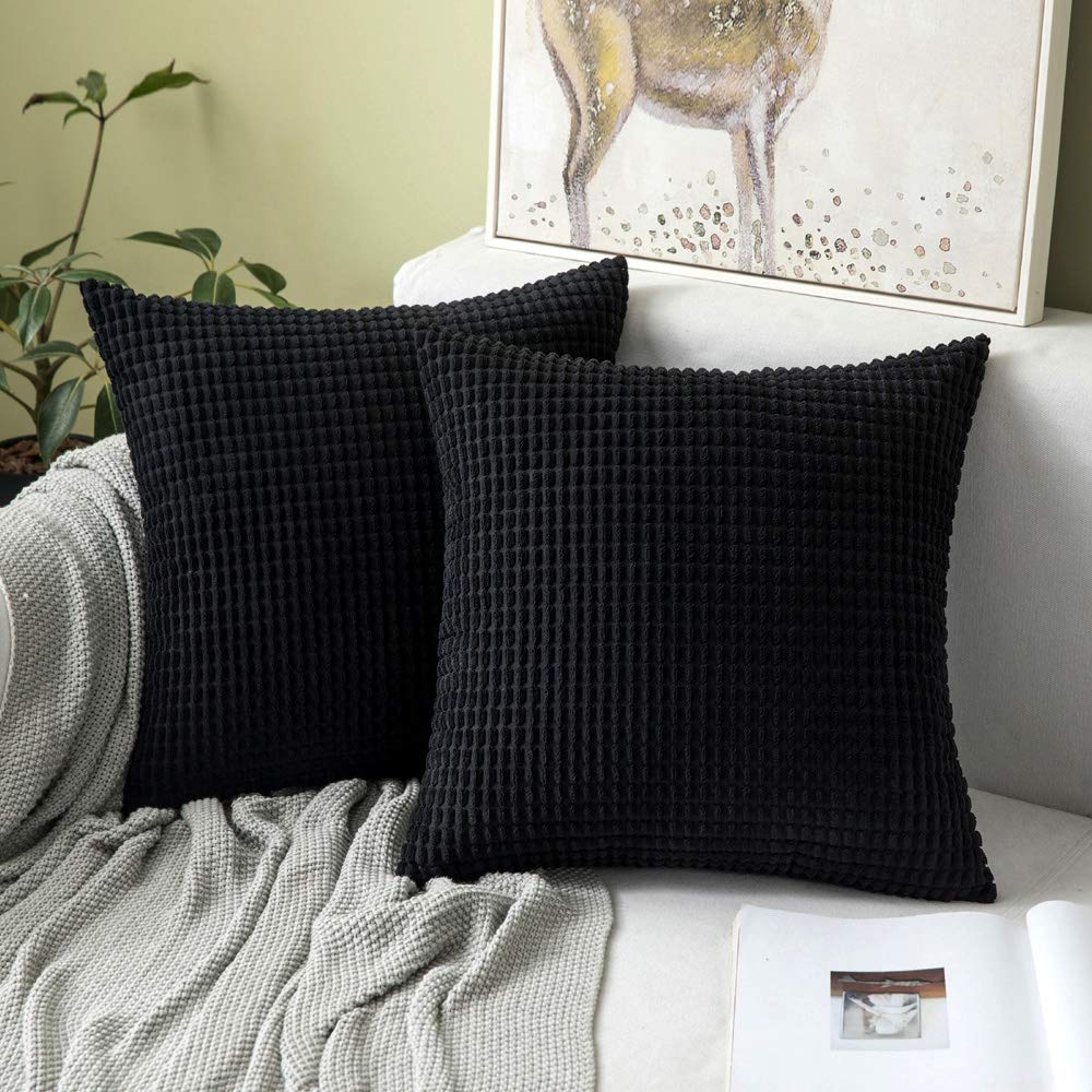 MIULEE Pack of 2 Black Corduroy Pillow Covers 18x18 Inch - Super Soft Decorative Throw Pillow Cases for Couch, Sofa, Bedroom & Living Room - Perfect for Home Decor, Cozy Comfort and Stylish Accents