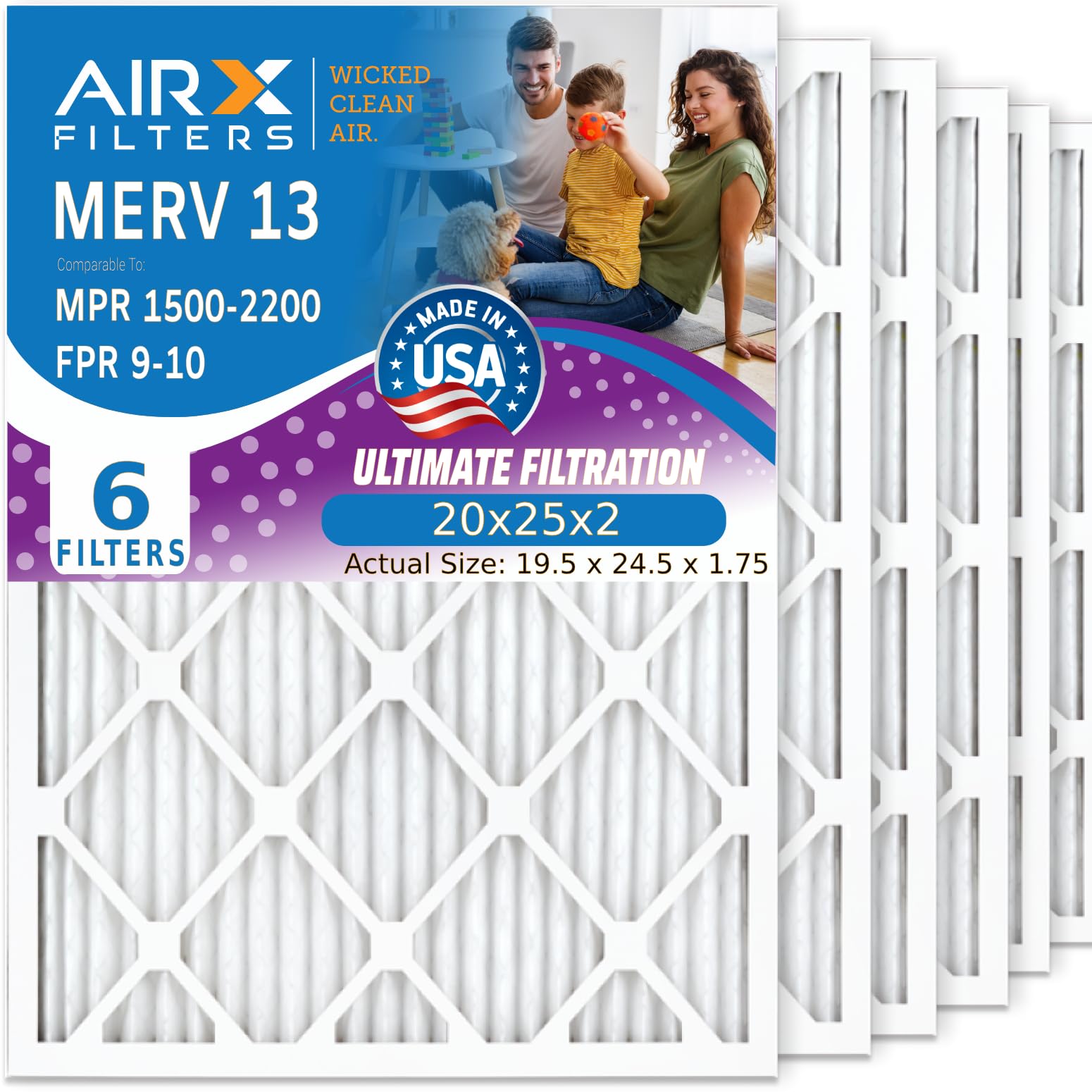 20x25x2 MERV 13 Electrostatic Pleated Air Filter - 6 Pack for HVAC, AC & Furnace | AIRX WICKED CLEAN AIR Filters | Improves Indoor Air Quality for Homes & Offices