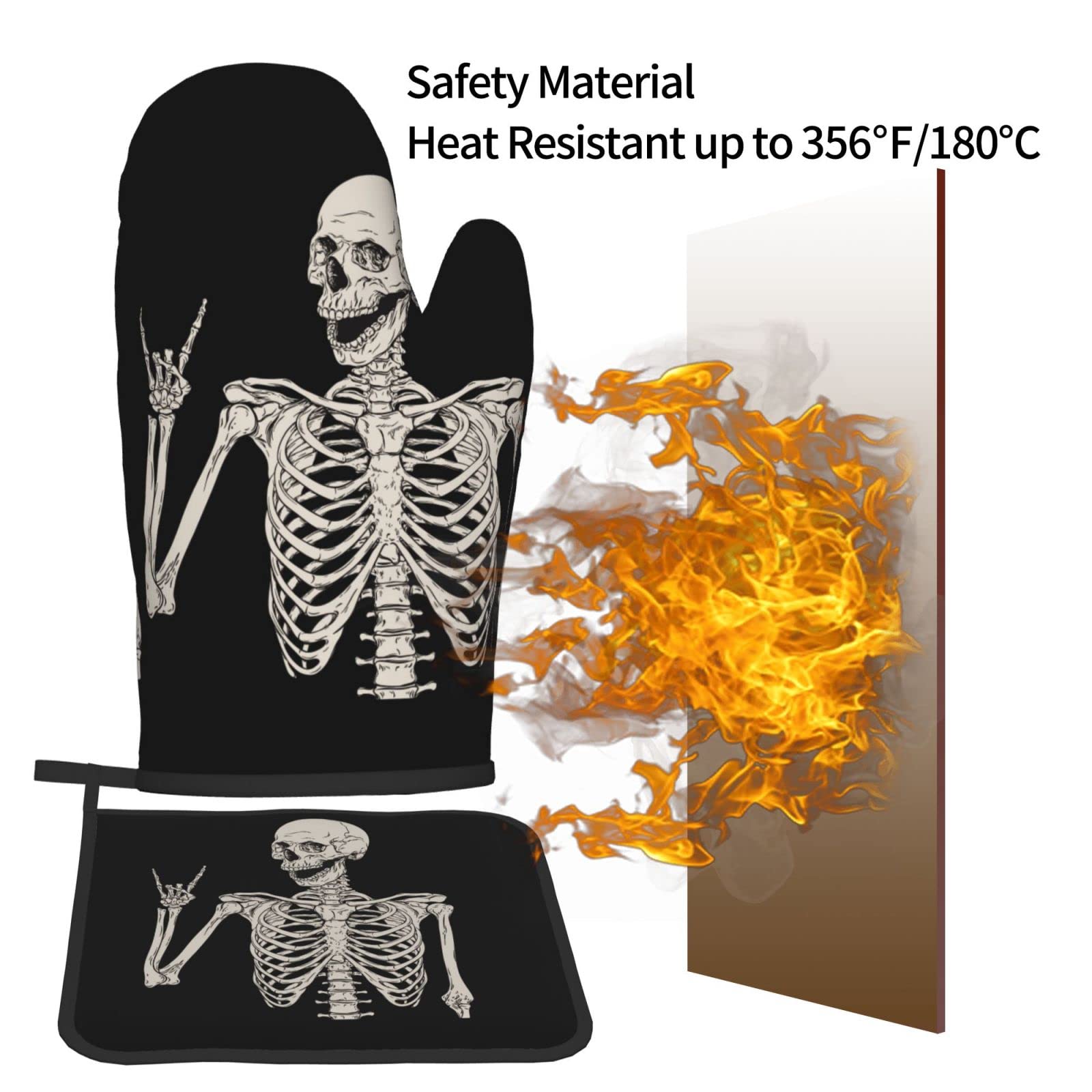 Skeleton Skull Boho Hippie Oven Mitts and Pot Holders Set - Heat Resistant Kitchen Gloves for Baking, Cooking, BBQ & Grilling - Durable & Stylish Hand Protection for Hot Pans & Dishes
