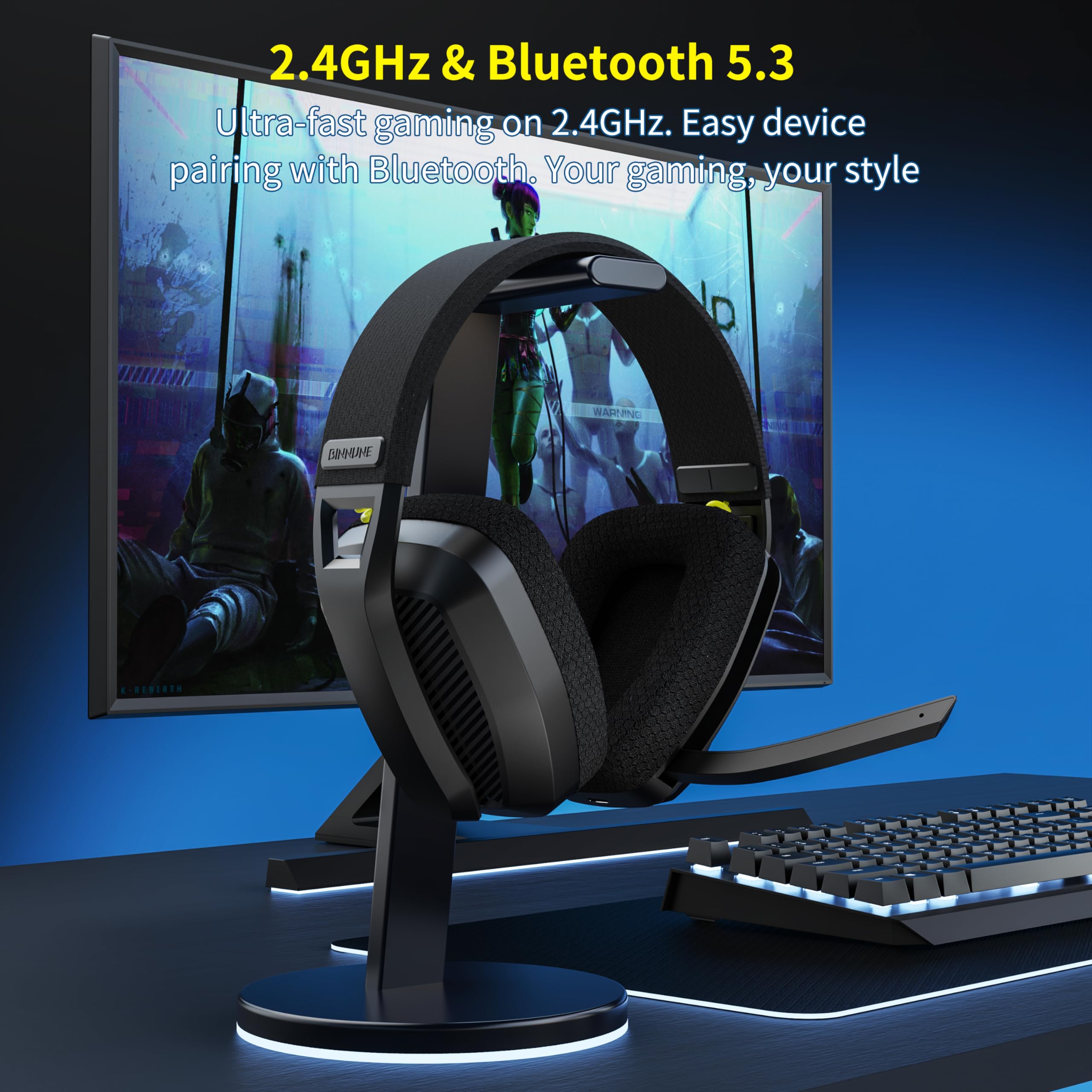 BINNUNE 2.4GHz Wireless Gaming Headset with Microphone - Compatible with PS5, PS4, PC, Mac & Bluetooth Devices - Over-Ear Headphones with Flip Mic for Laptop & Computer Gaming - Black - Perfect for Online Gaming, Streaming & Virtual Meetings