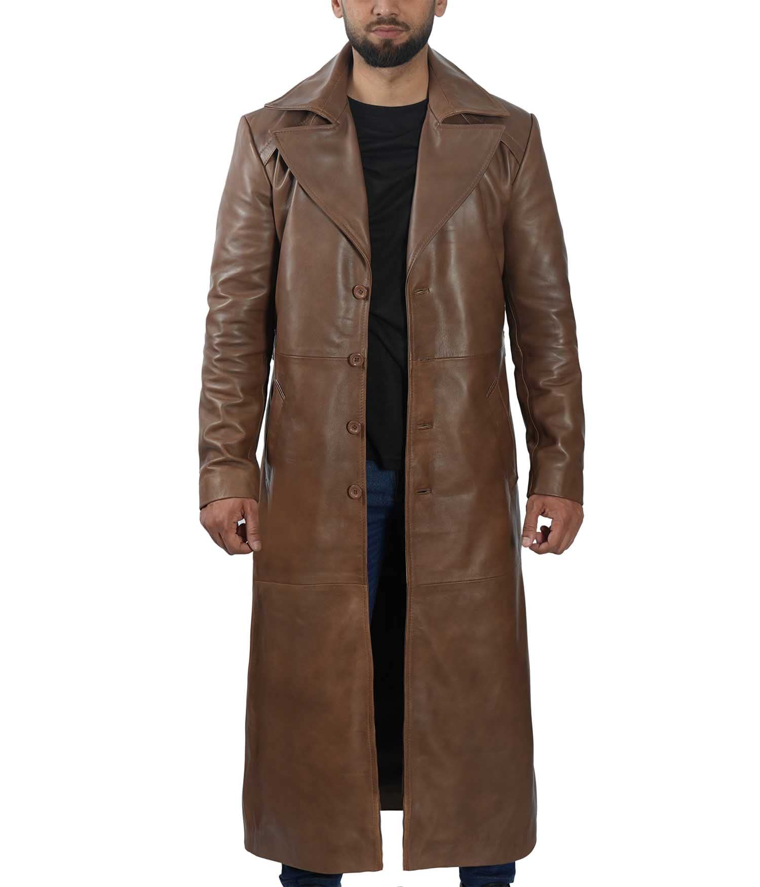 Genuine Lambskin Leather Trench Coat for Men - Full Length Peacoat Winter Jacket | Premium Real Leather Long Coat | Perfect for Formal Events, Business Meetings & Cold Weather Protection