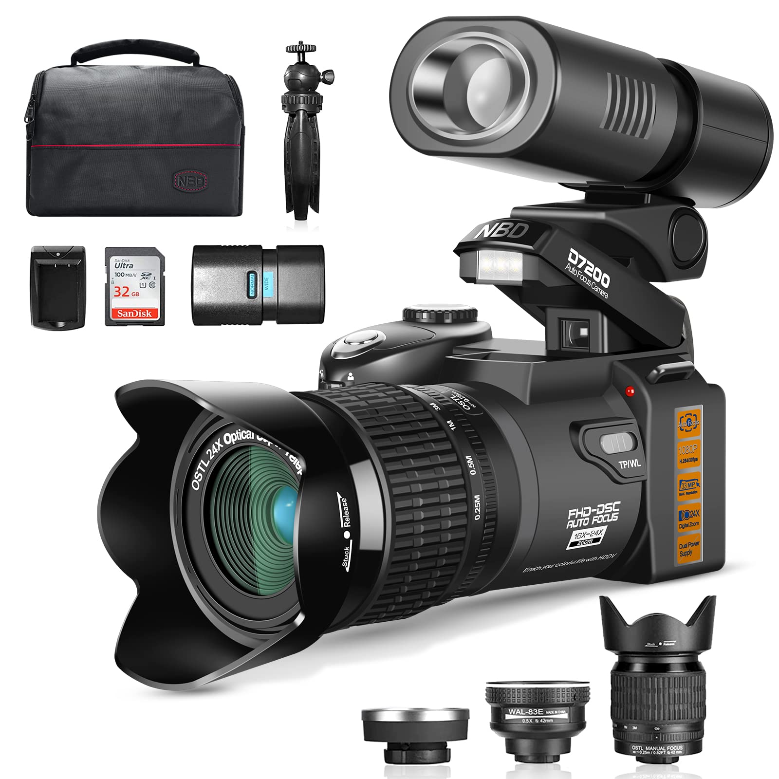 NBD -PT 33MP DSLR Camera with 24X Telephoto Lens & 0.5X Wide Angle Lens - 1080P HD Vlogging Camera with LED Light - Best Beginner DSLR for Travel, YouTube & Photography Enthusiasts