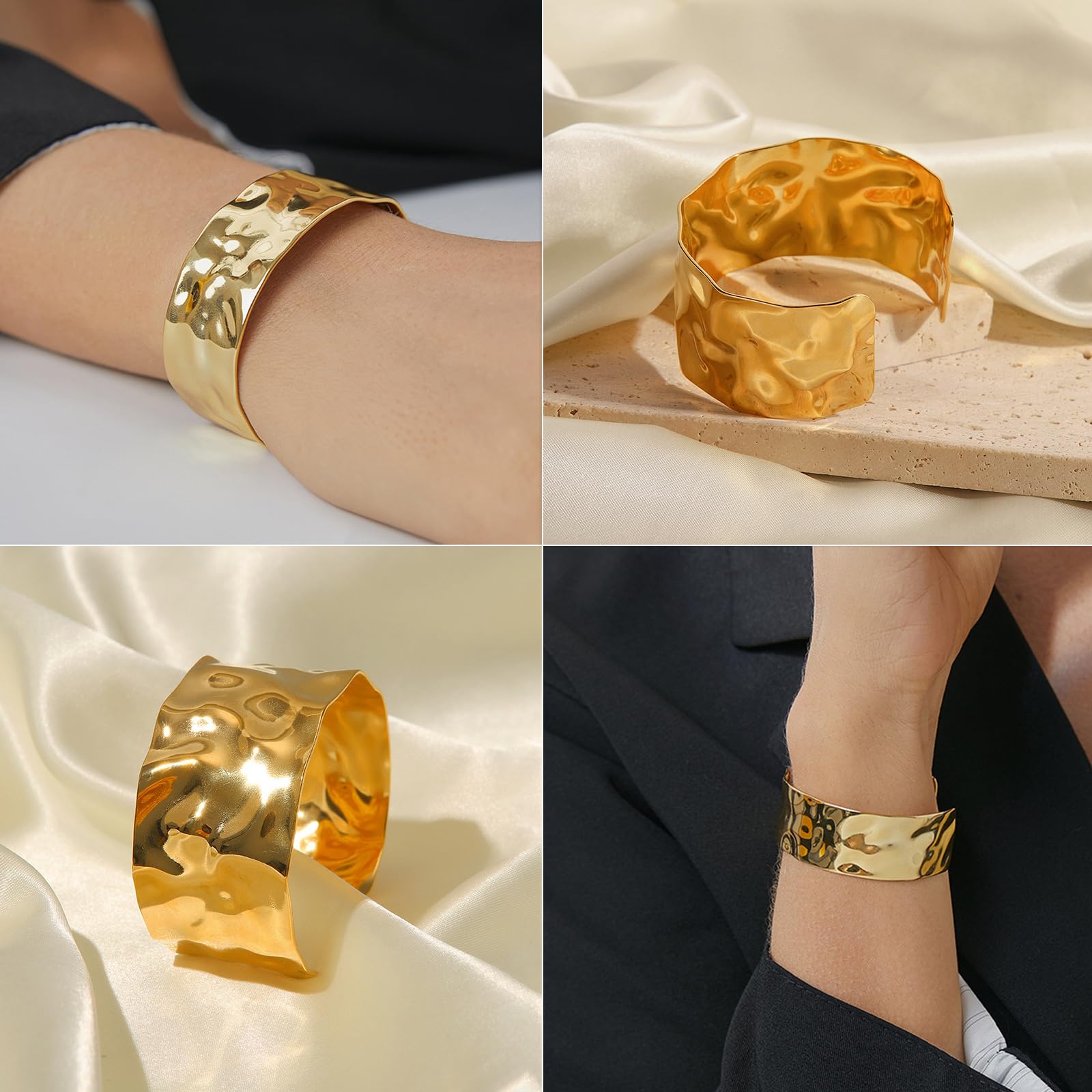 WOWORAMA Hammered Chunky Cuff Bracelets for Women - Vintage Boho Wide Bangle Bracelet in Gold & Silver - Irregular Statement Arm Cuff Jewelry for Casual Wear, Parties & Festival Outfits