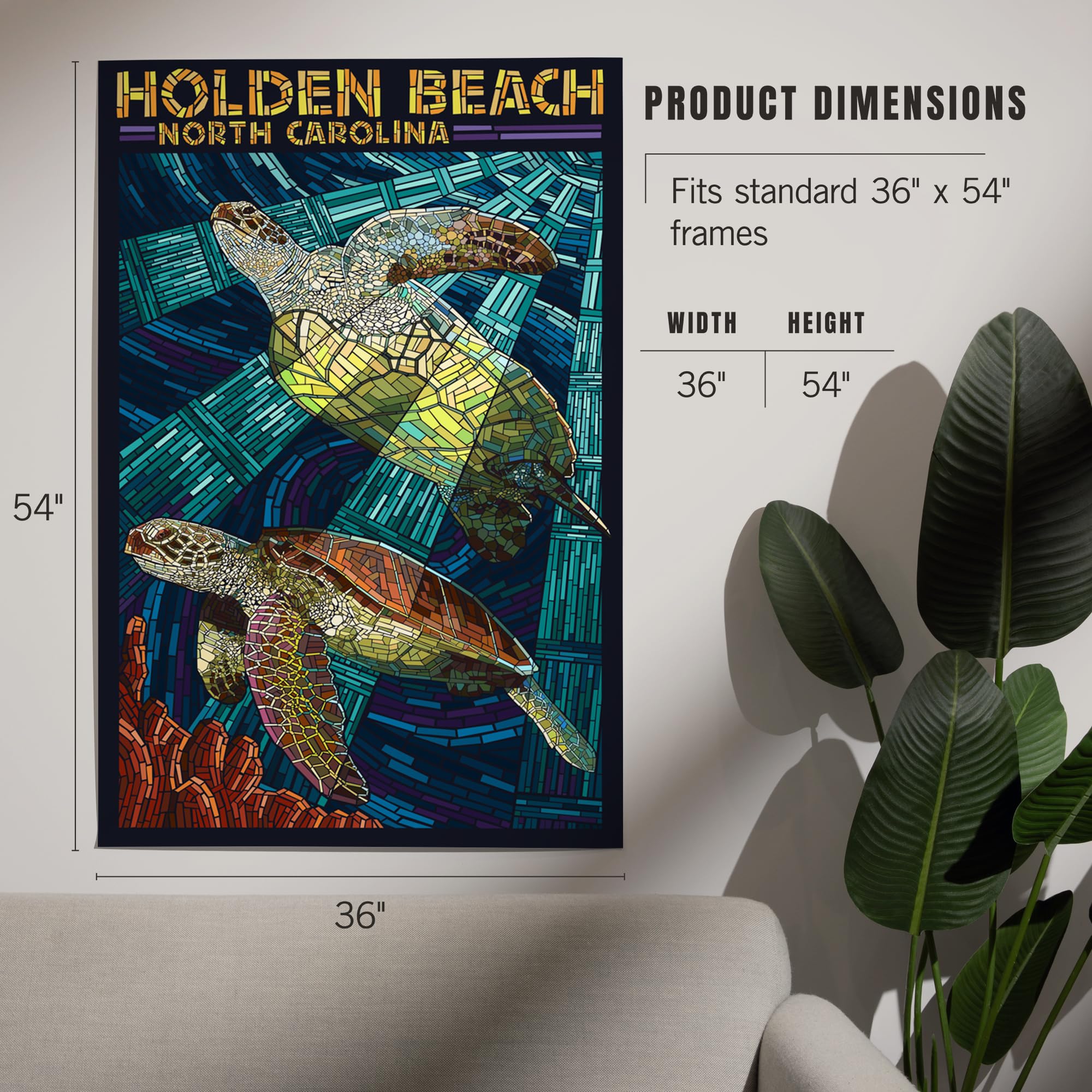 Lantern Press 36x54 Inch Giclee Art Print - Holden Beach North Carolina Sea Turtle Mosaic Wall Decor | Perfect for Coastal Living Rooms, Beach House Bedrooms & Ocean-Themed Offices