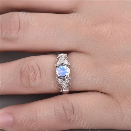 Moonstone Engagement Ring for Women - 14K White Gold Floral Eternity Band with Diamonds | Wedding, Anniversary, Promise Ring Gift Idea | Perfect for Proposals, Bridal Jewelry & Special Occasions