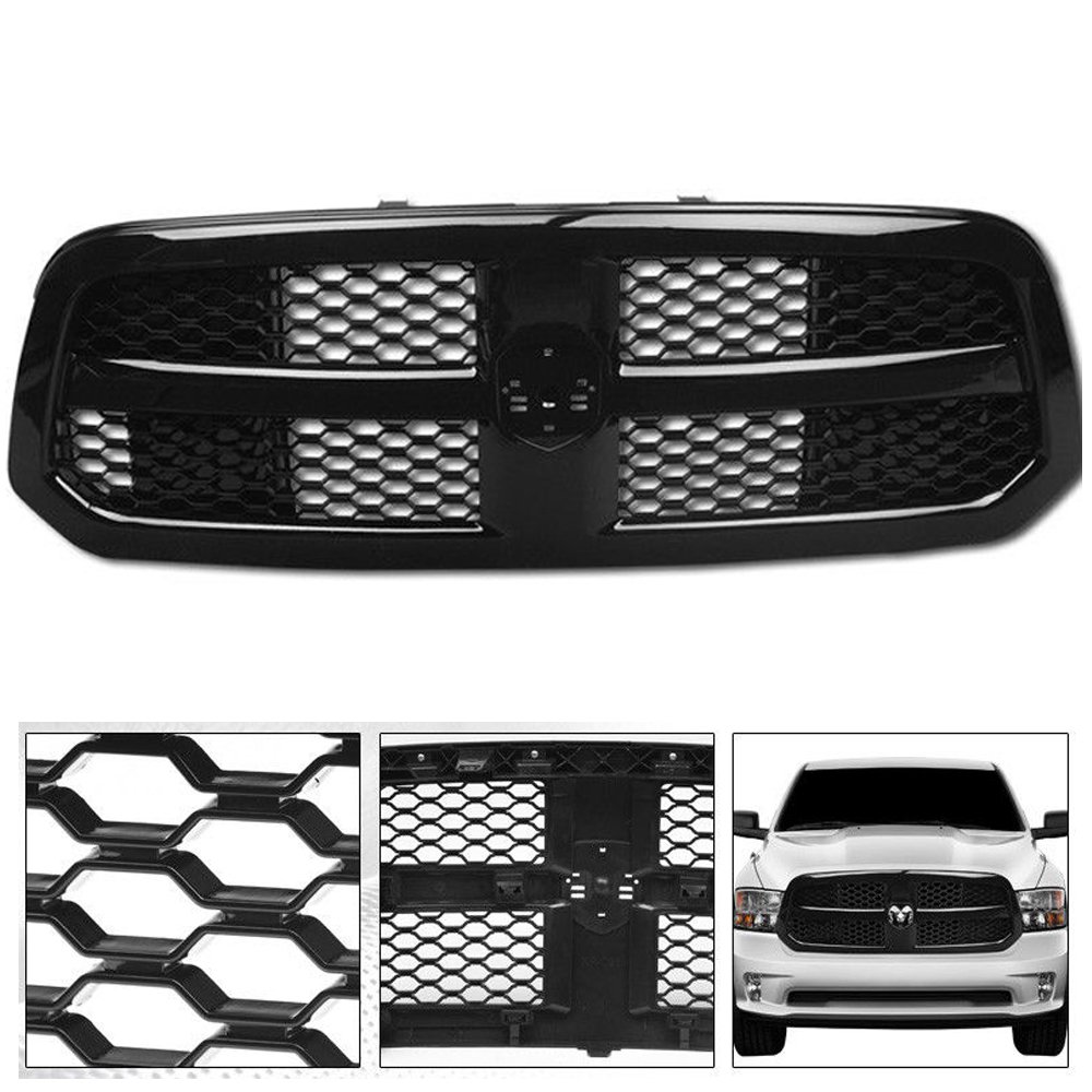 2013-2017 Dodge Ram 1500 Glossy Black ABS Honeycomb Mesh Front Grill Replacement - Perfect for Off-Roading & Truck Customization