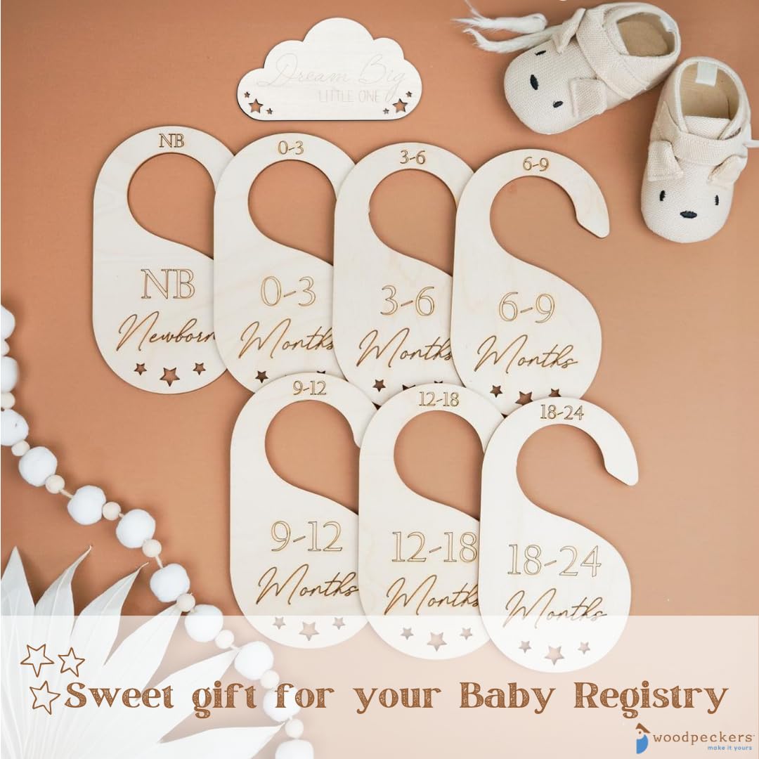7-Piece Baby Closet Dividers Set - Double Sided Wooden Nursery Organizer for Newborn to Toddler Clothes | Hanging Closet Dividers for Standard Rods | Perfect for Nursery Organization & Baby Wardrobe Sorting