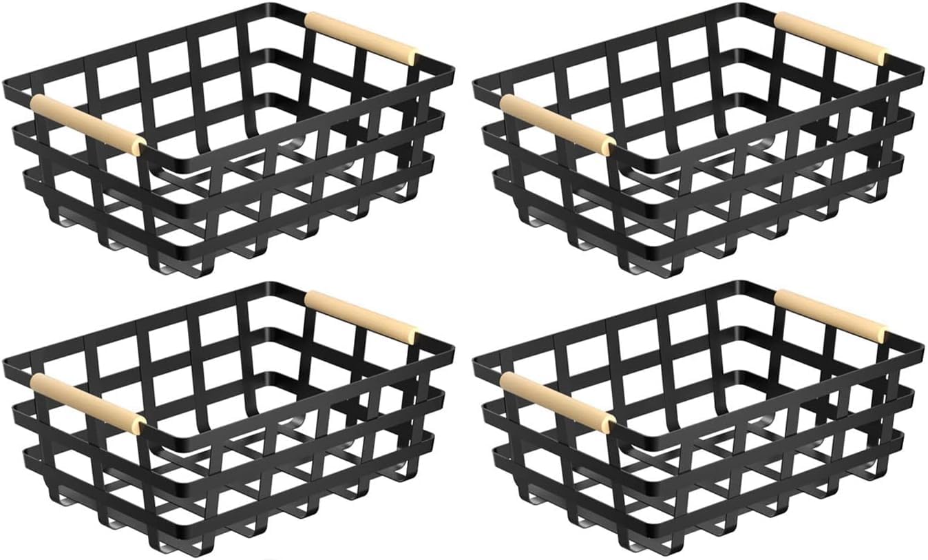 Large Metal Storage Baskets Organizer - 4 Pack Black Farmhouse Style Freezer & Pantry Bins for Kitchen, Cabinet, Closet Organization | Perfect for Home, Office & Farmhouse Decor
