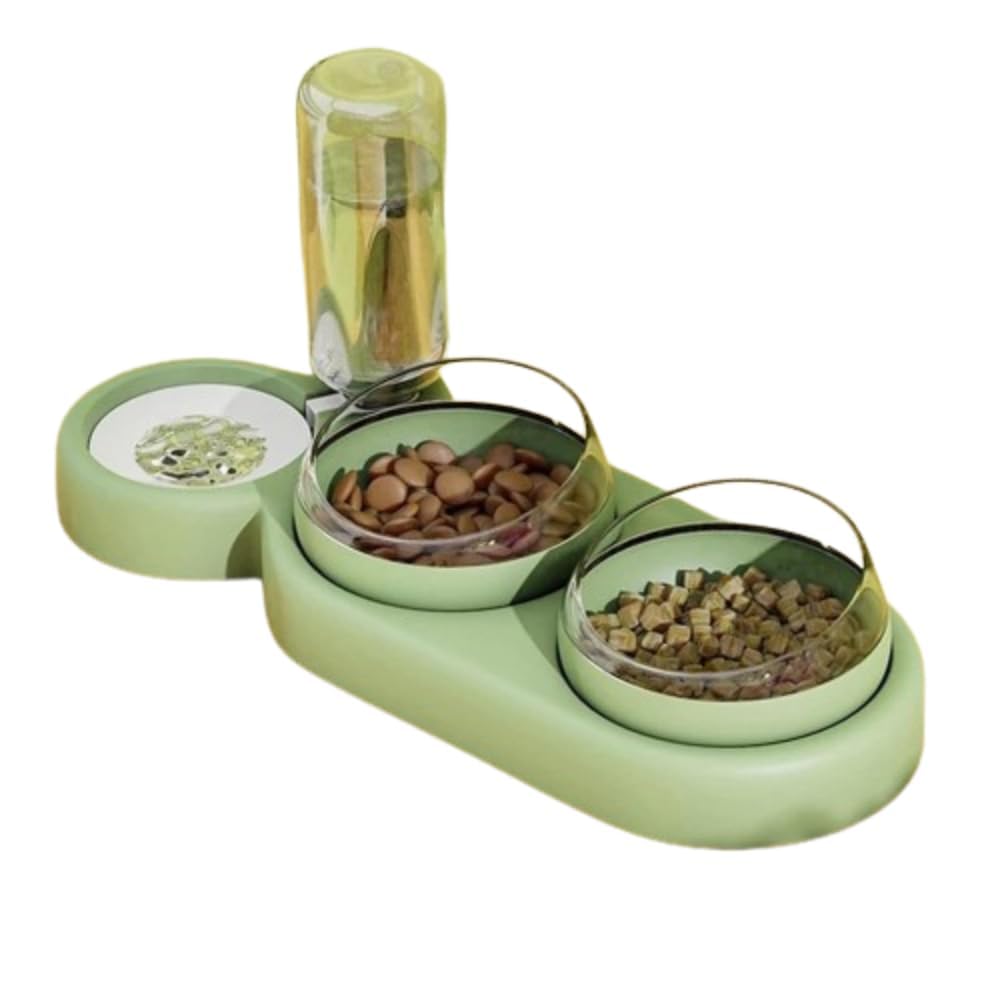 Raised Cat Bowls Set - 2 Food & 1 Water Feeder for Cats & Small Dogs (Green) - Perfect for Home & Travel Use
