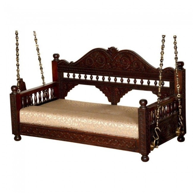 Hand Carved Elephant Design Swing Daybed - Brown Wooden Porch Swing Bed for Outdoor Patio, Garden, and Backyard Relaxation