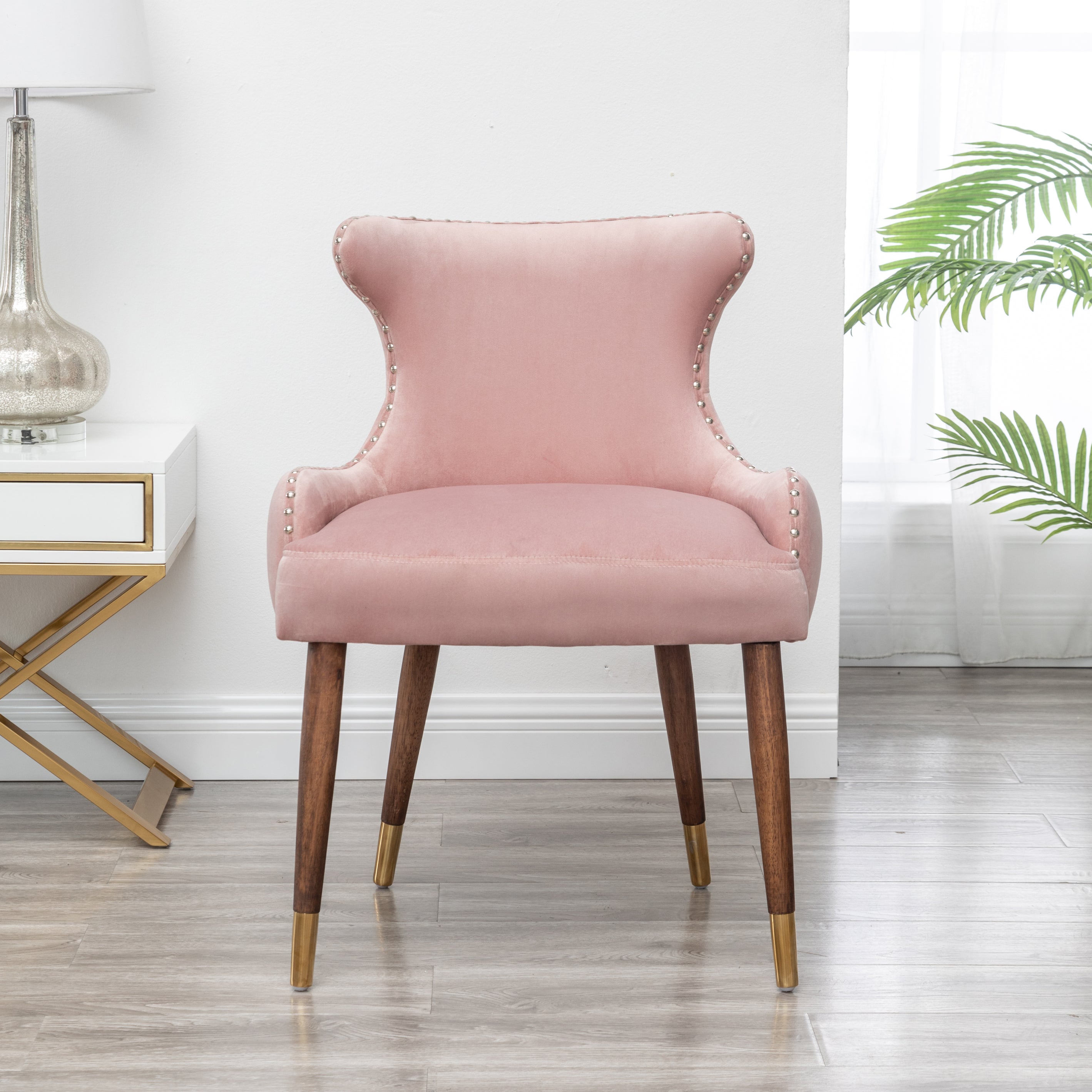 Roundhill Furniture Lindale Contemporary Velvet Upholstered Accent Chair with Nailhead Trim in Pink - Modern Living Room, Bedroom or Office Seating for Home Decor