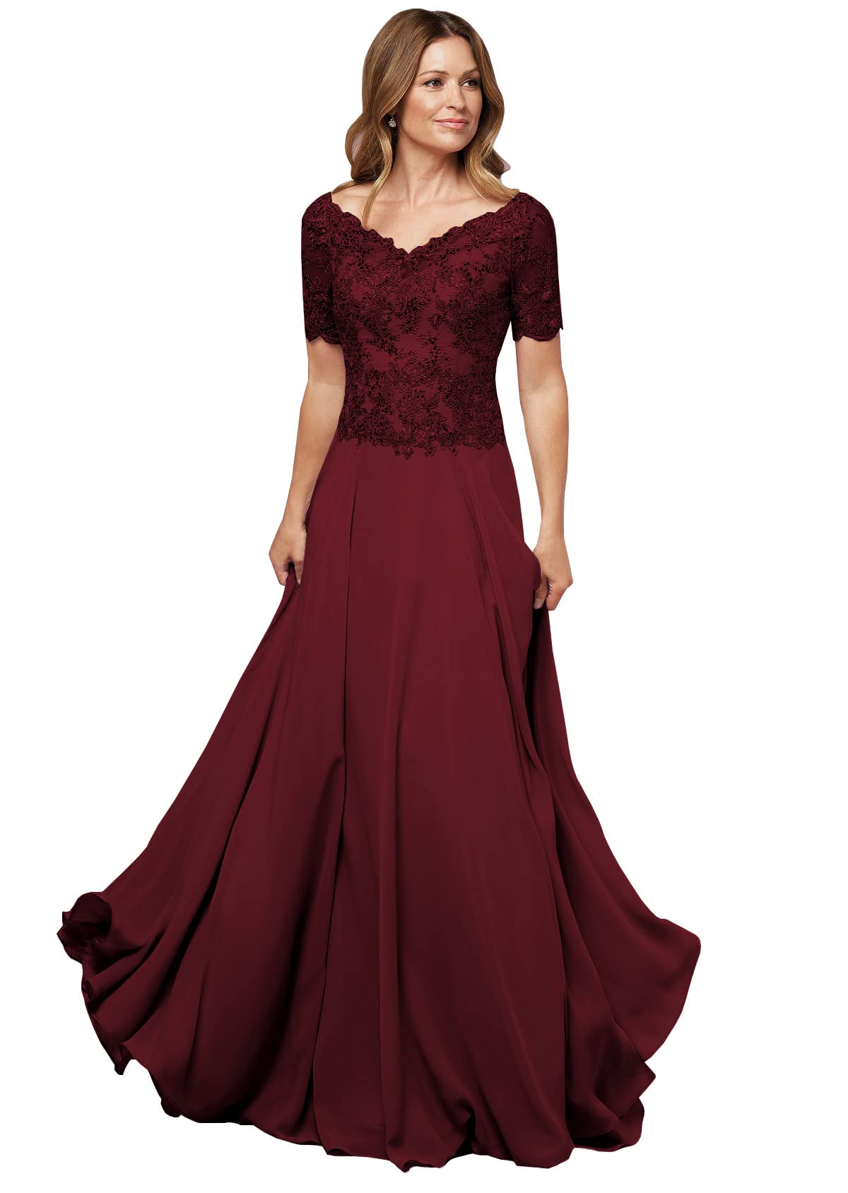 Elegant Burgundy Lace Applique V-Neck Plus Size Mother of the Bride Dress with Flutter Sleeves - Chiffon Long Wedding Guest Gown US22W - Perfect for Weddings, Formal Events & Special Occasions