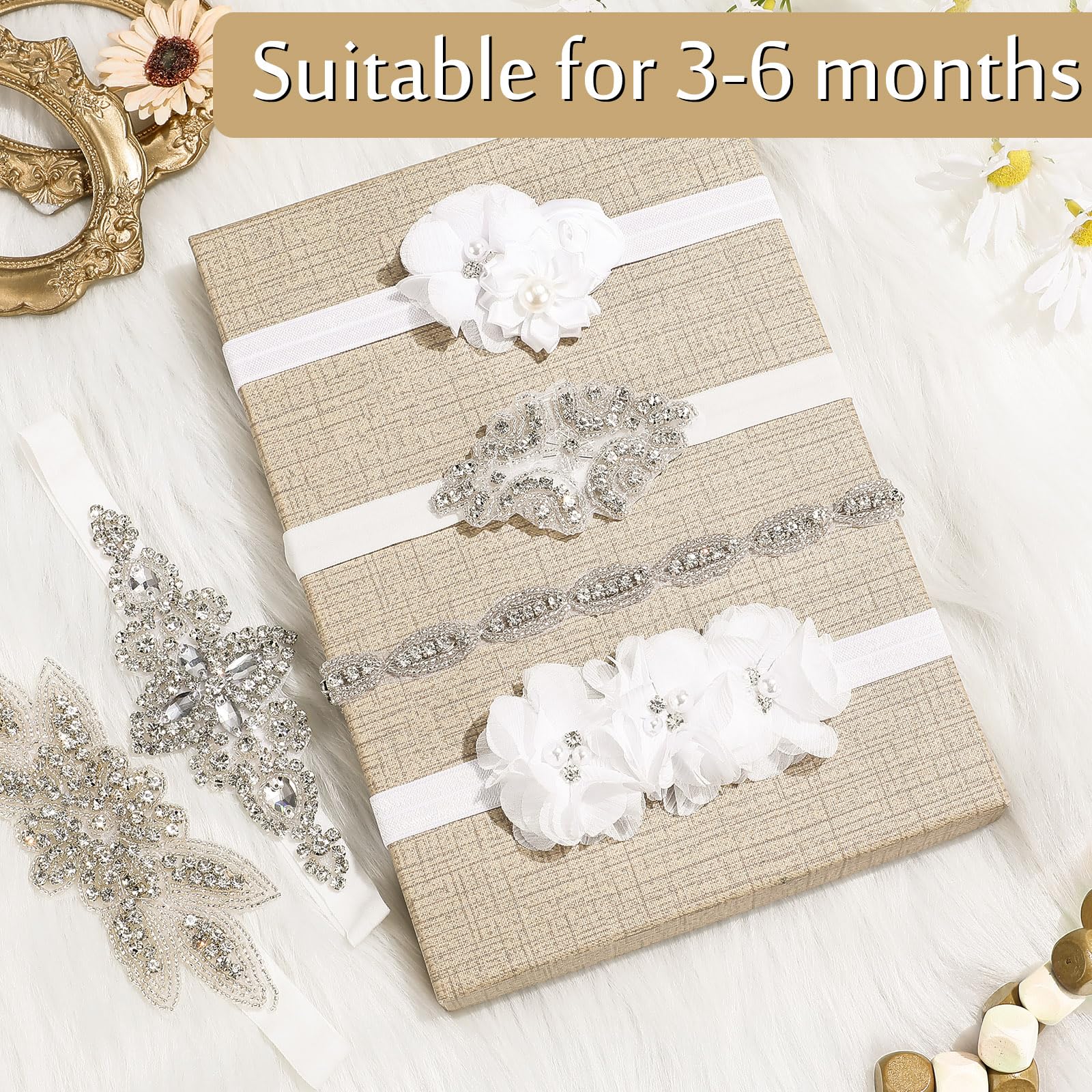 6-Piece White Baptism Headband Set for Baby Girls - Soft Elastic Christening Headbands with Chiffon Flower & Crystal Lace - Perfect for Infants 3-6 Months - Ideal Gift for Baby Shower, Birthday & Baptism Ceremonies - Elegant Accessories for Special Occasions & Photo Shoots