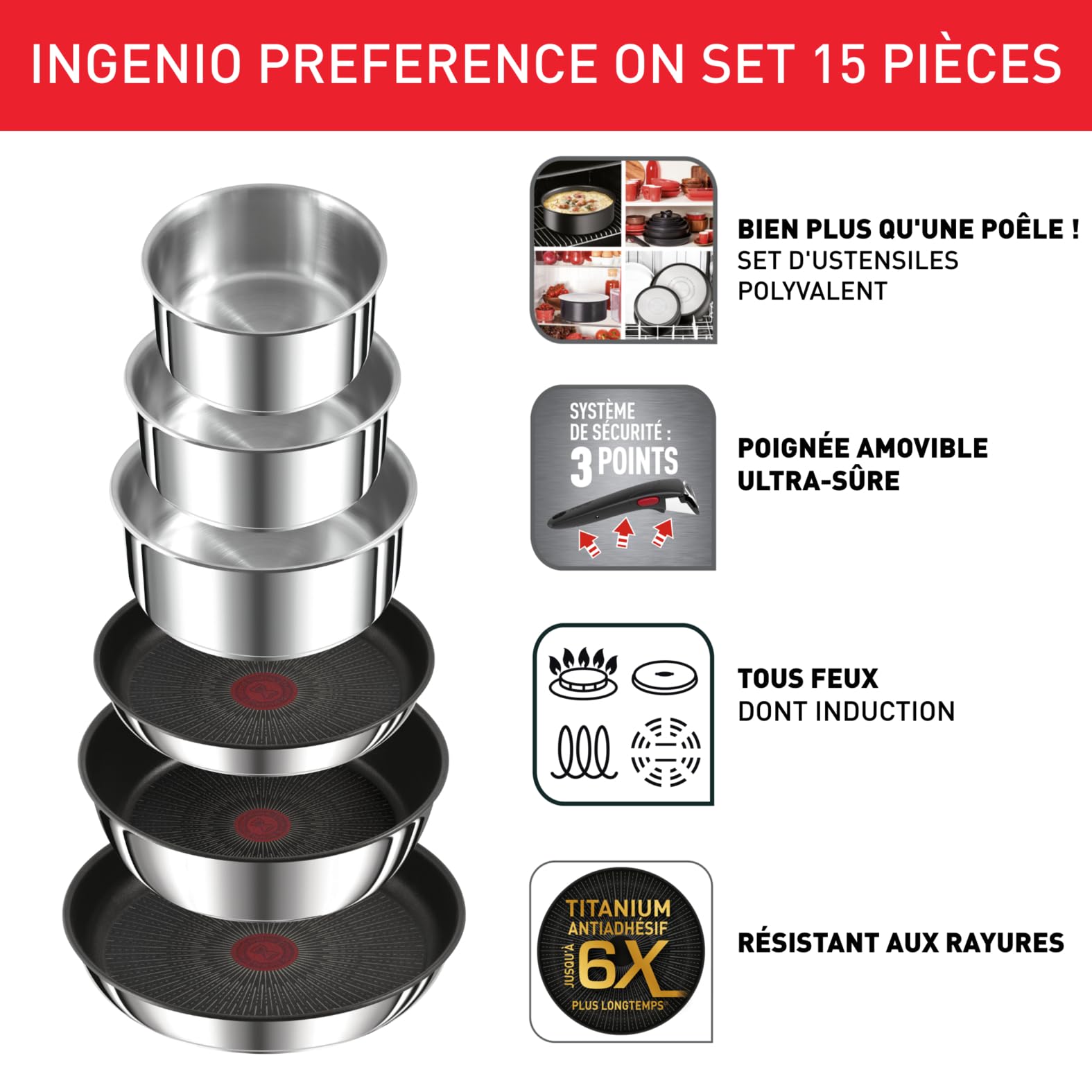 Tefal Ingenio Preference ON 15-Piece Non-Stick Cookware Set - 22cm & 26cm Frying Pans, 16cm/18cm/20cm Saucepans, 24cm Saute Pan - Stainless Steel with Universal Lid & Hermetic Lids - Includes Utensils & 2 Handles - Perfect for Home Cooking & Professional Kitchens