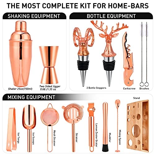 Premium 15-Piece Rose Copper Cocktail Shaker Set - Bartender Kit with Stand, Bar Tools & Recipe Cards | Perfect for Home Mixology, Parties & Professional Bartending